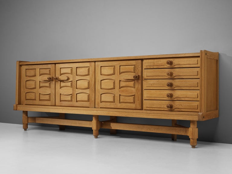 Mid-20th Century Guillerme et Chambron Sideboard in Solid Oak with Ceramic Tiles For Sale