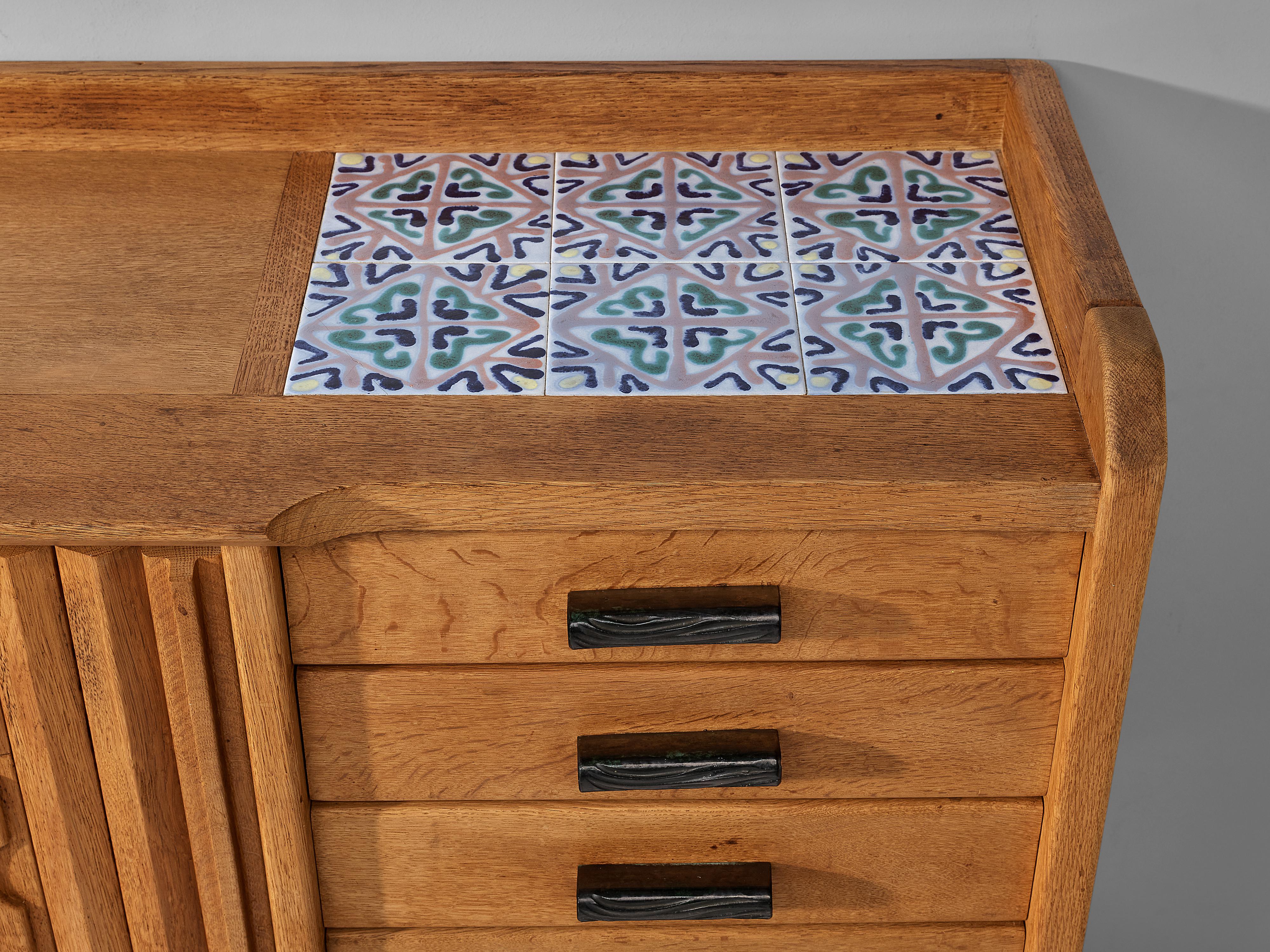 Guillerme et Chambron Sideboard in Solid Oak with Ceramic Tiles 1