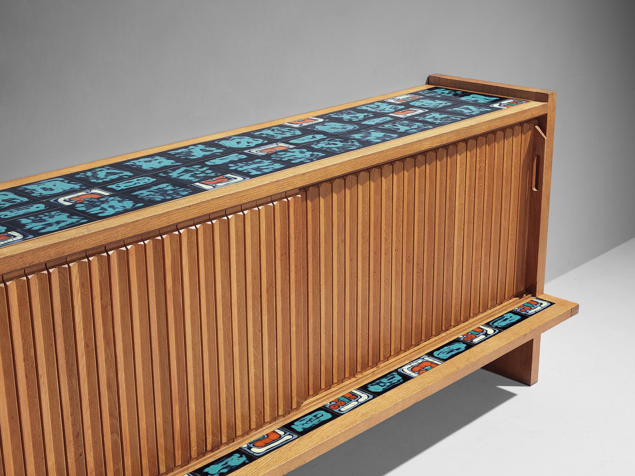 Mid-Century Modern Guillerme et Chambron Sideboard in Solid Oak with Turquoise Ceramic Tiles