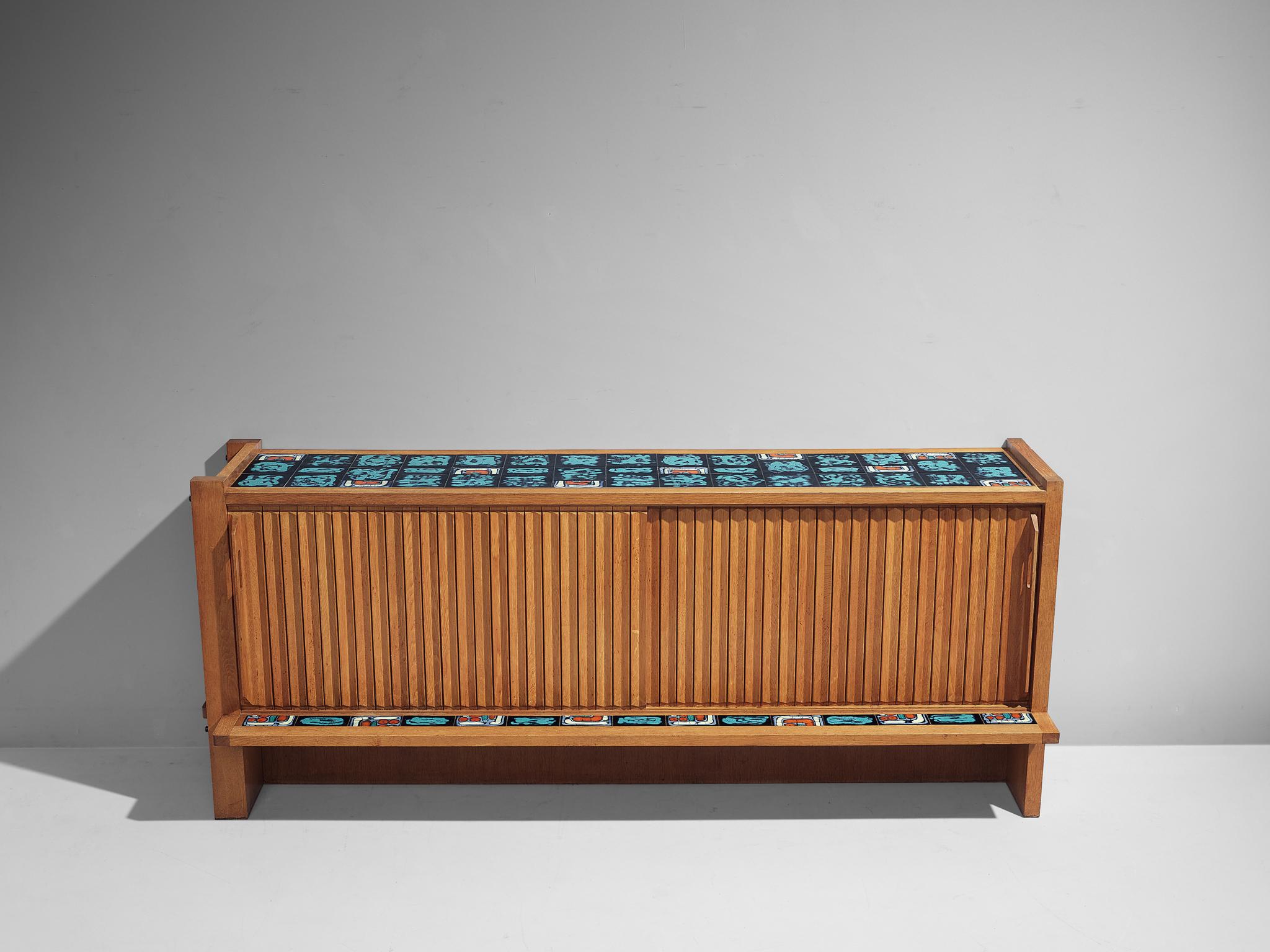 Guillerme et Chambron Sideboard in Solid Oak with Turquoise Ceramic Tiles 2
