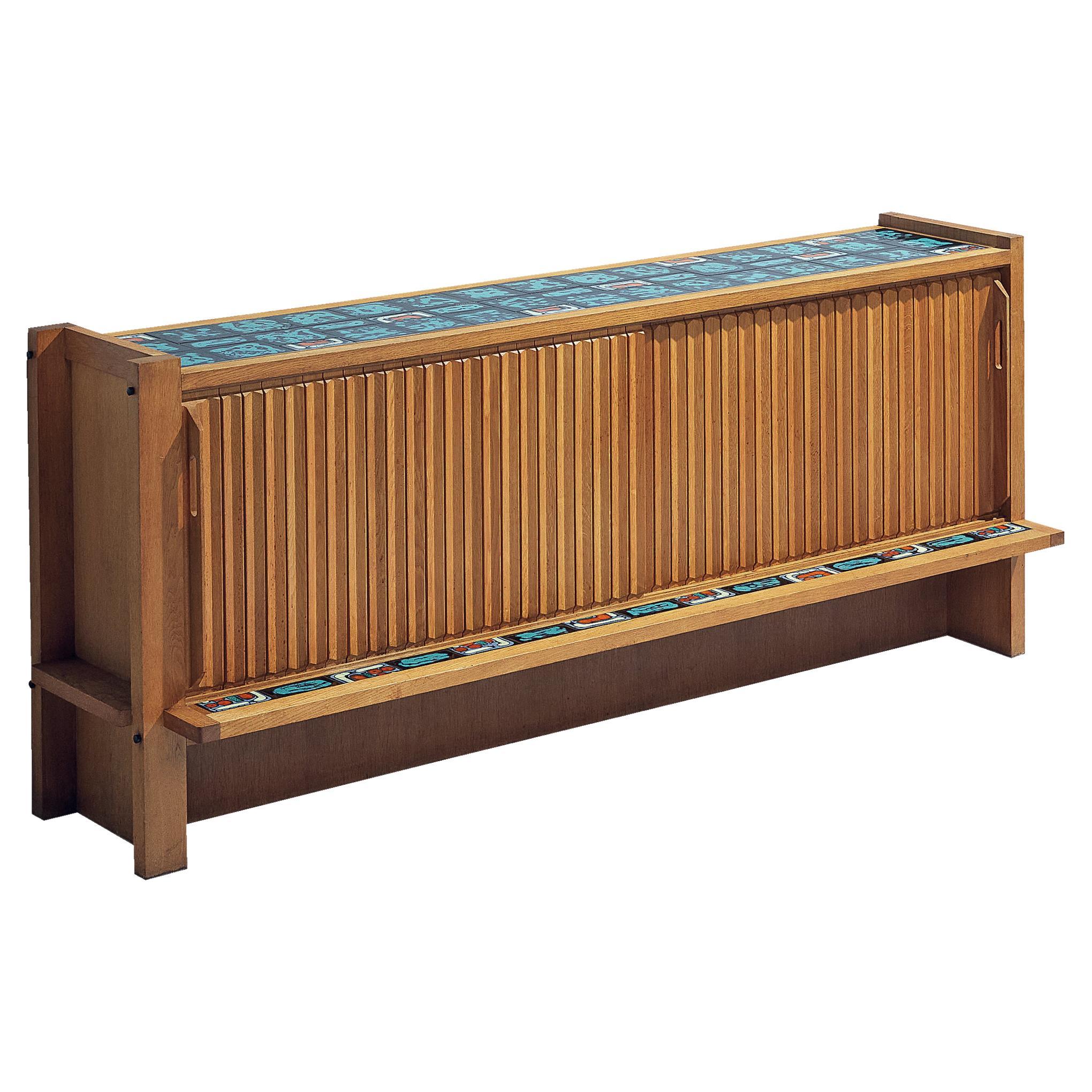 Guillerme et Chambron Sideboard in Solid Oak with Turquoise Ceramic Tiles