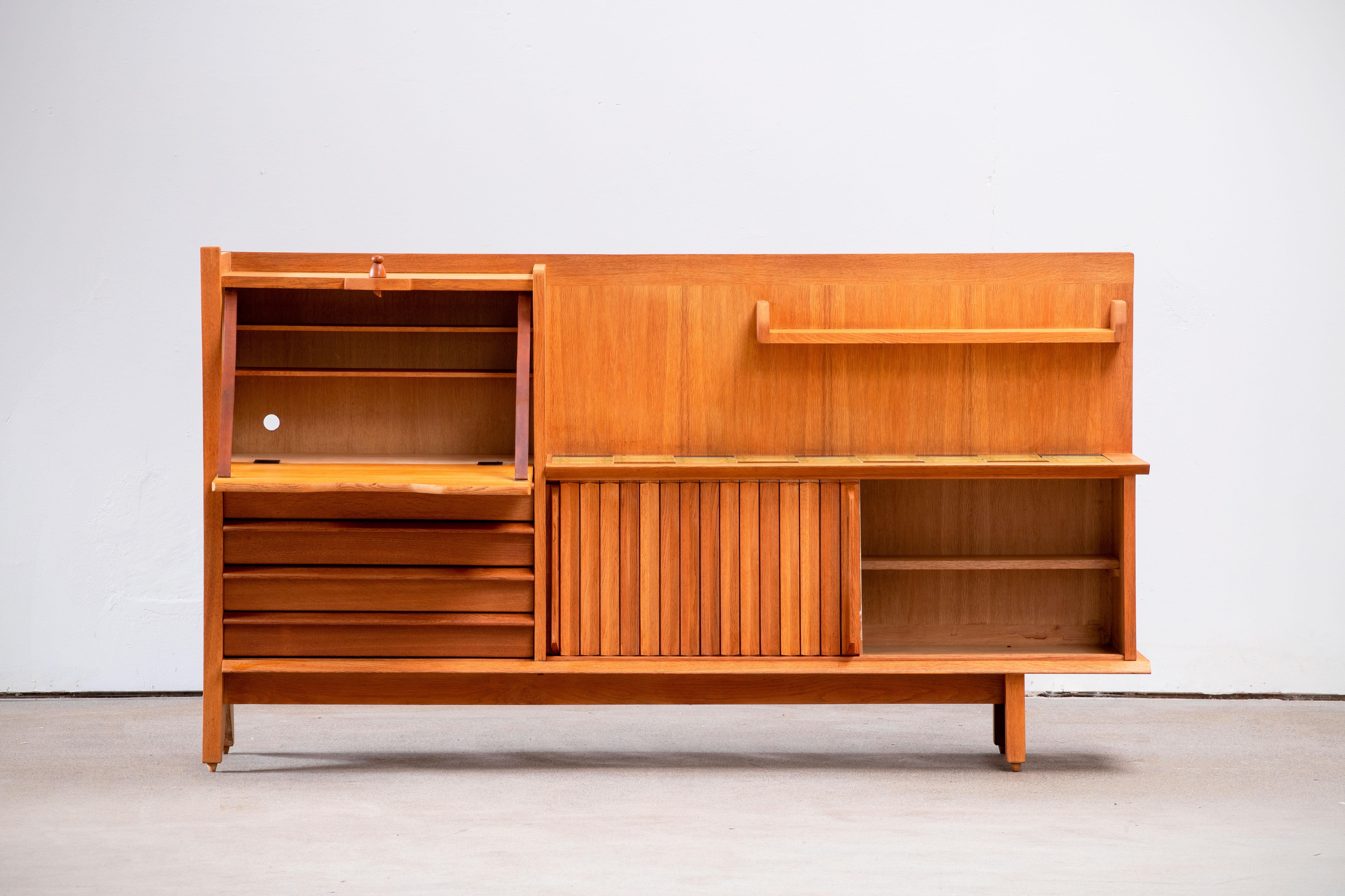 French Guillerme et Chambron, Sideboard, Oak and Ceramic Tiles, Edition Votre Maison