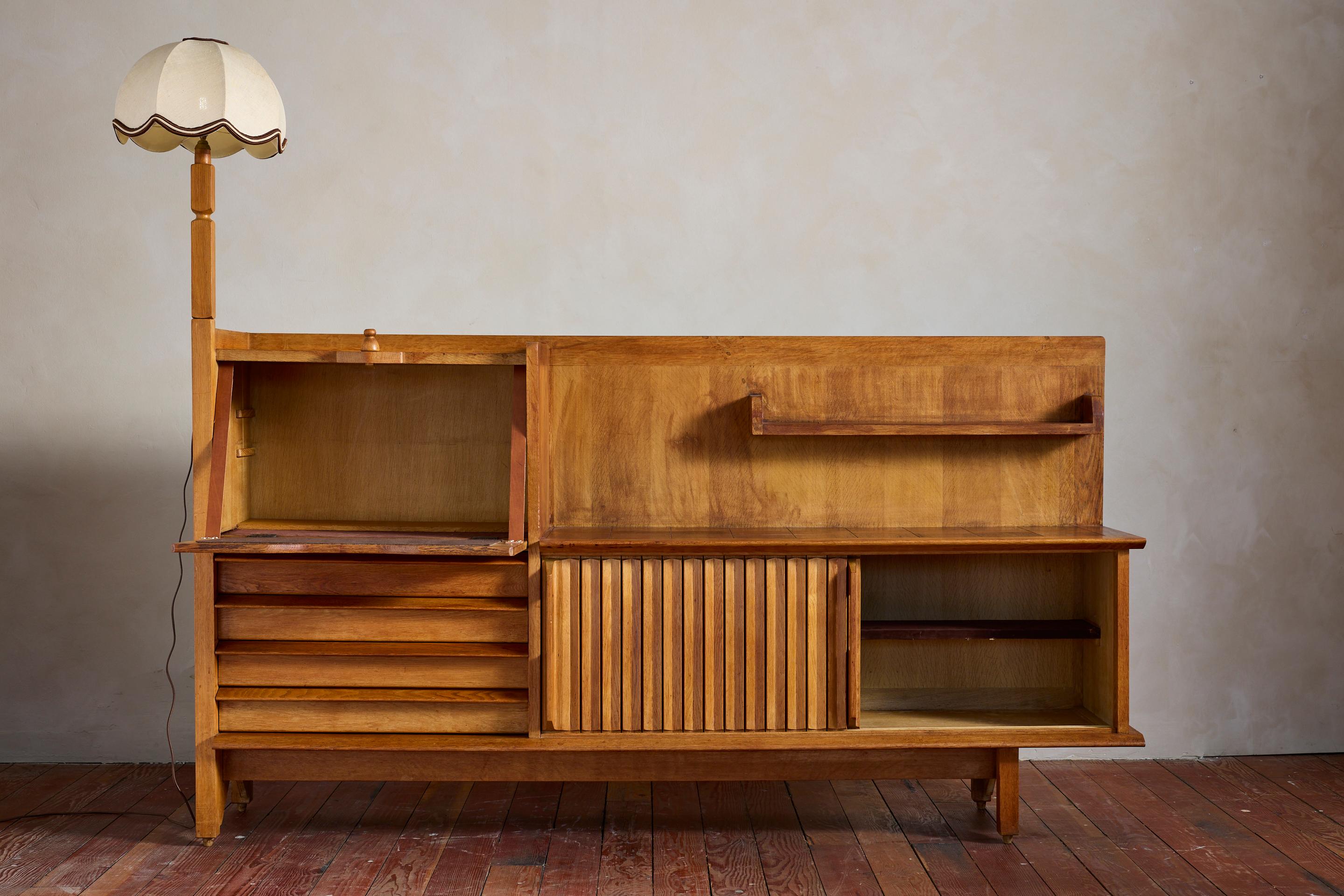 Oak Guillerme et Chambron Sideboard with Lamp For Sale