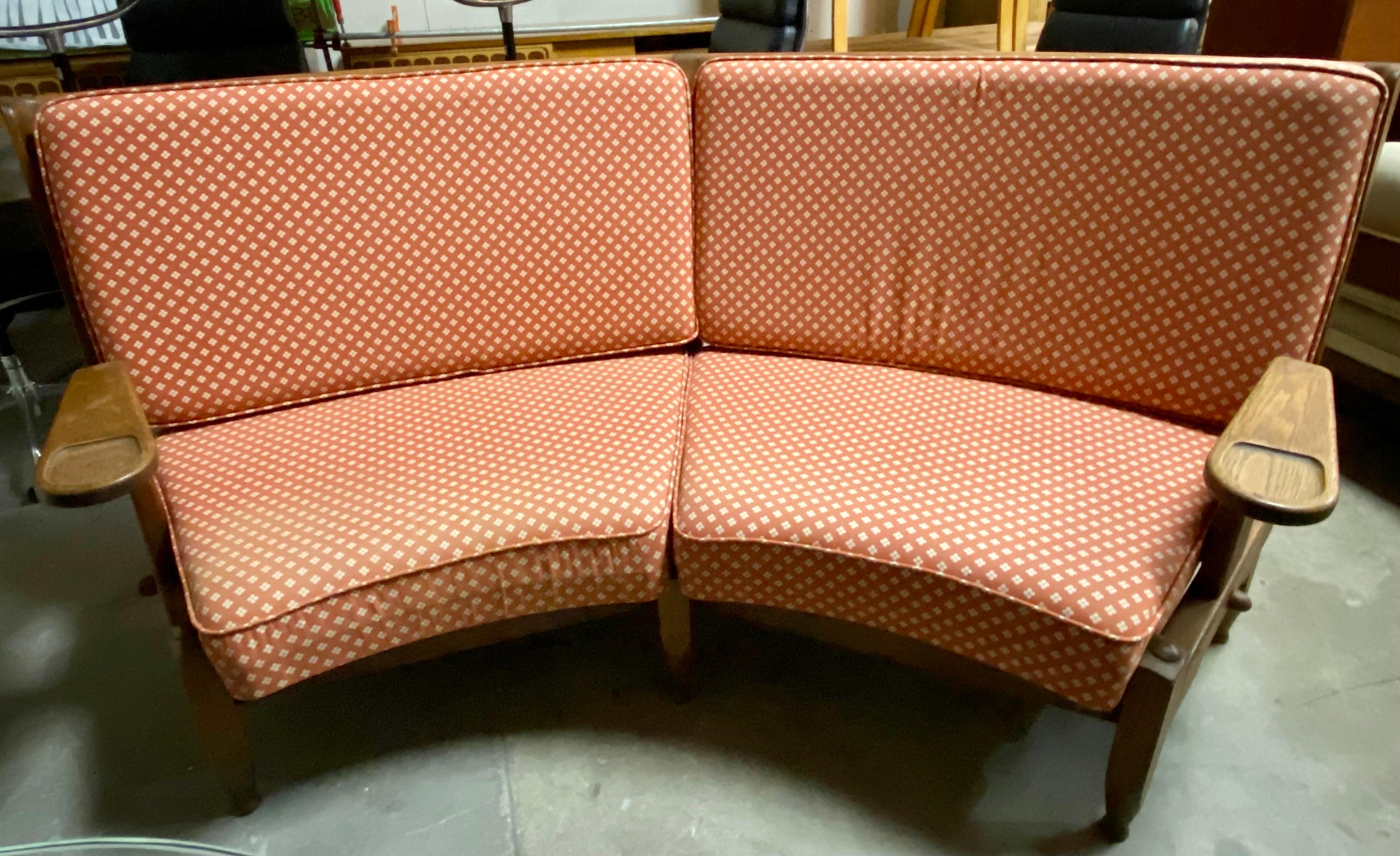 Guillerme et Chambron sofa made of solid oak with fabric upholstery, circa 1950s, France. This vintage French sofa features a curved back with unique wood detailing. Light fading on left lower side of fabric. We do offer in-house reupholstery