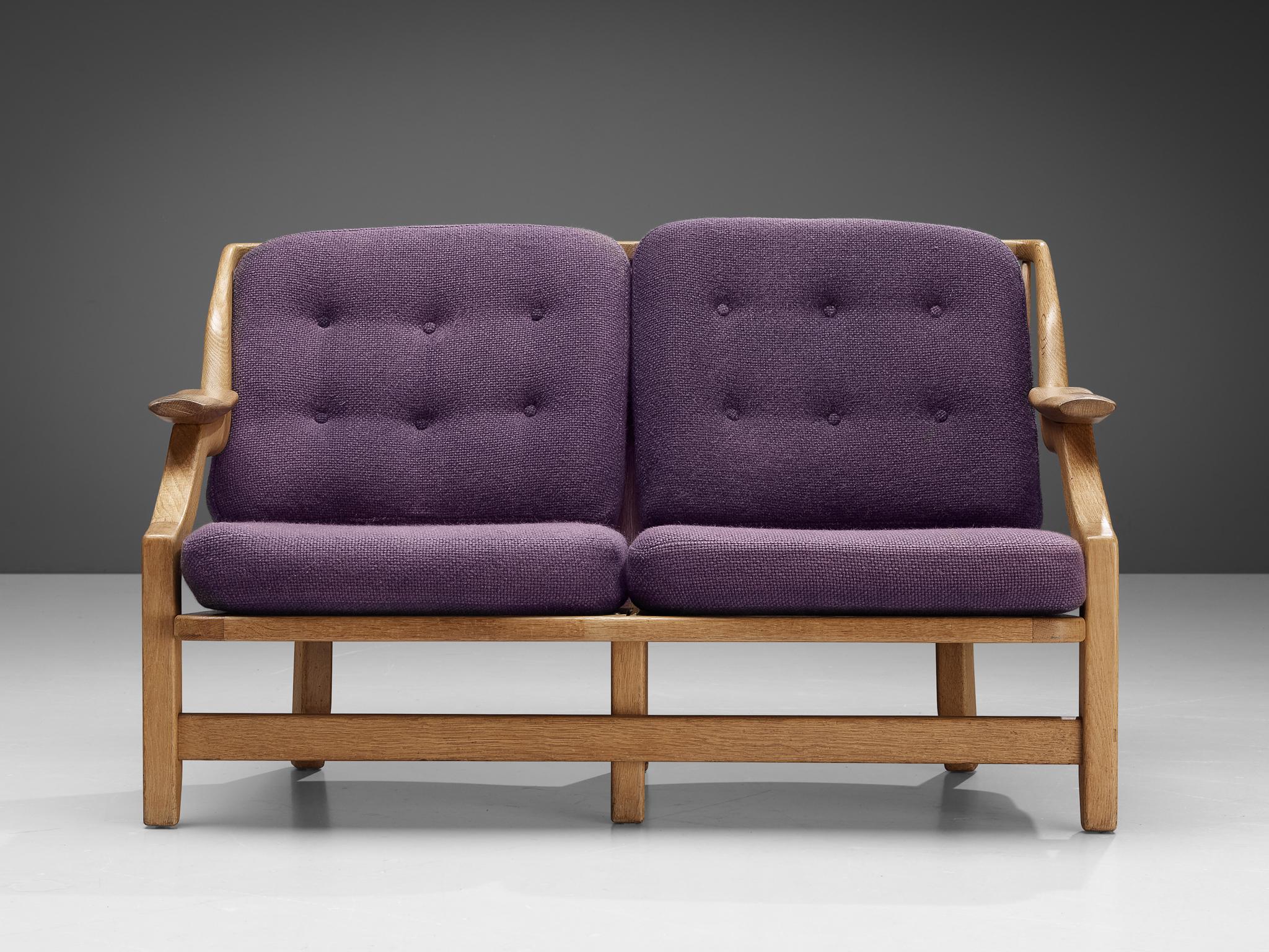 French Guillerme & Chambron Sofa in Oak and Purple Upholstery For Sale