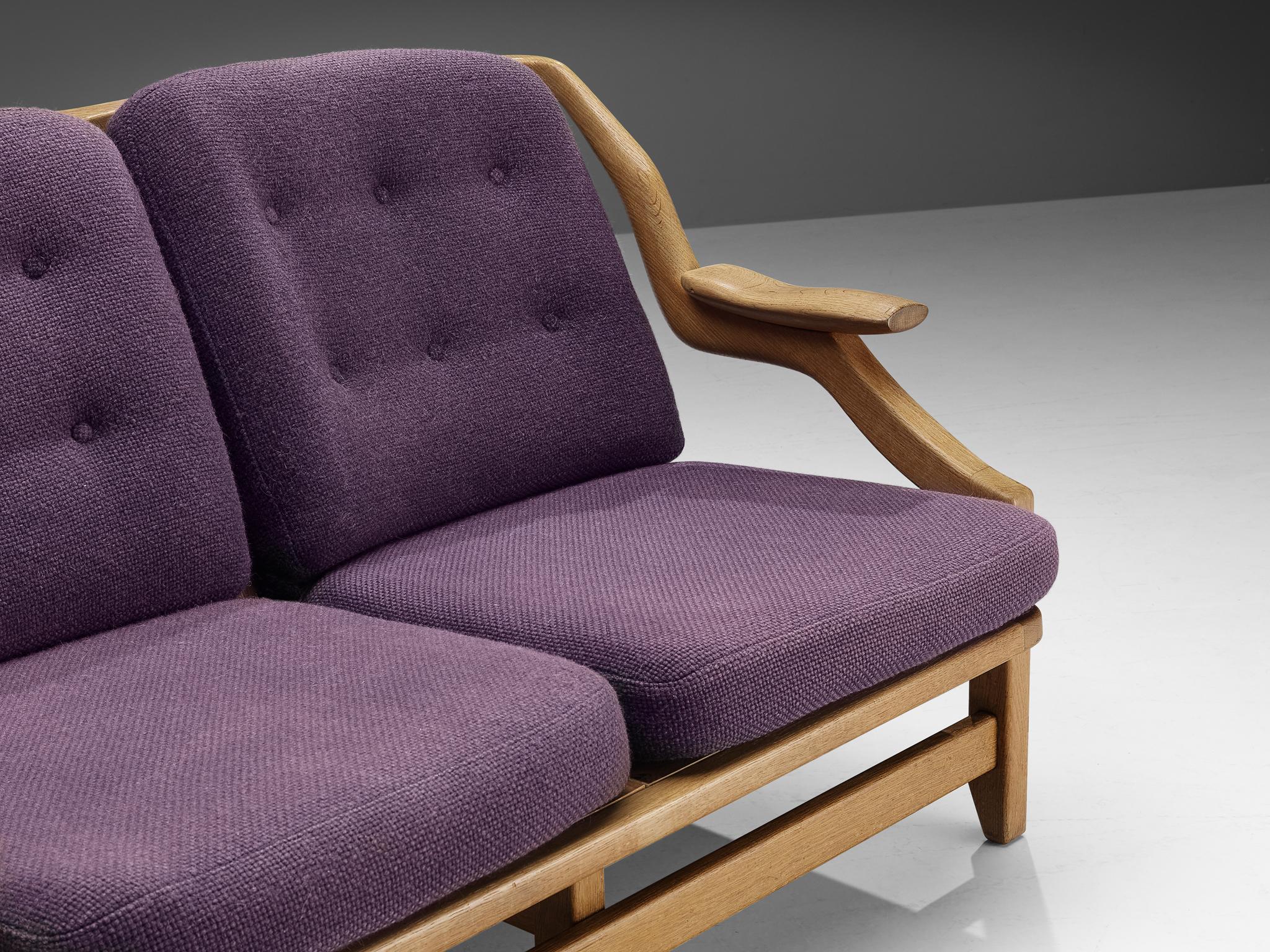 Mid-20th Century Guillerme & Chambron Sofa in Oak and Purple Upholstery For Sale