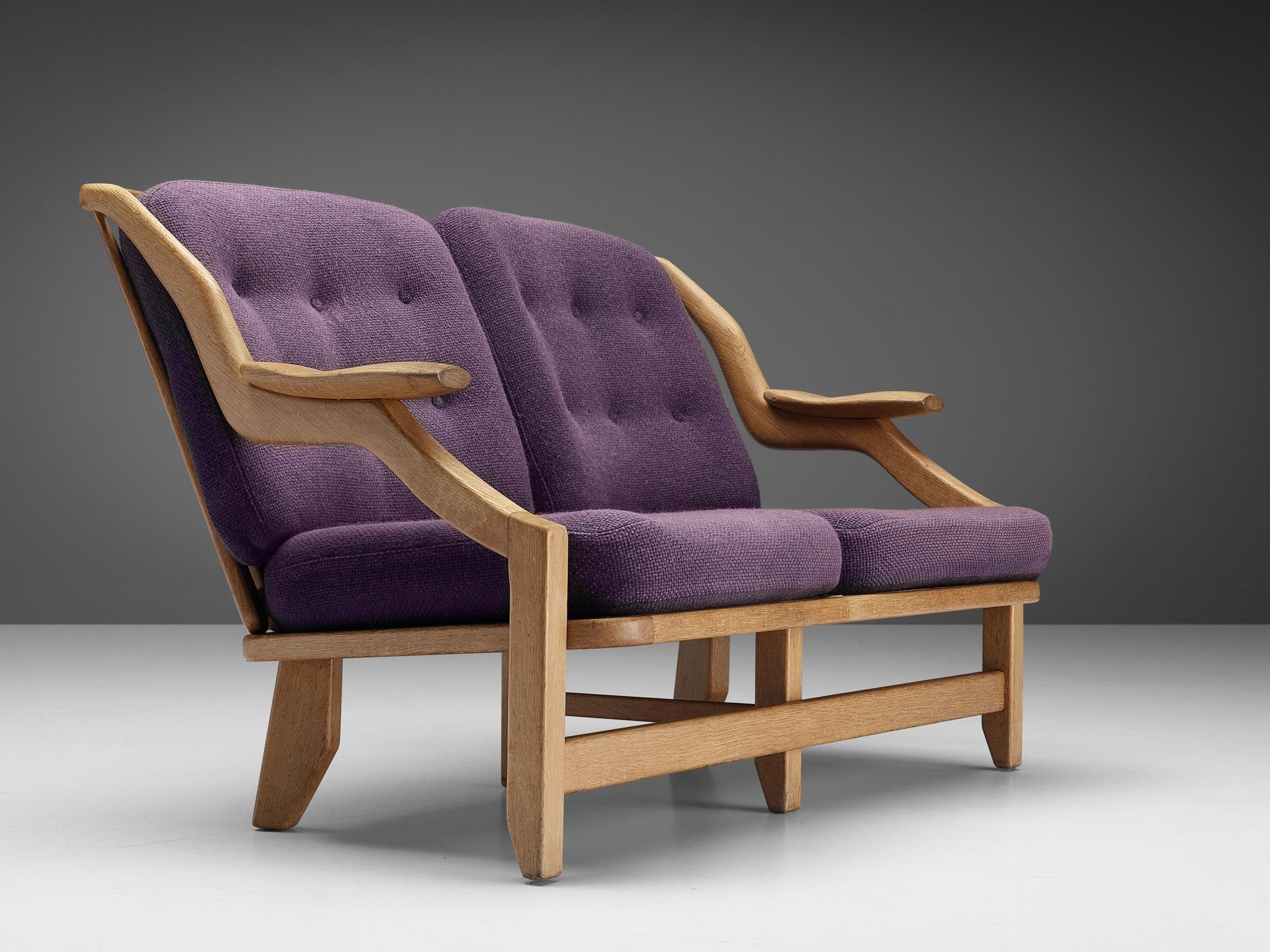 Fabric Guillerme & Chambron Sofa in Oak and Purple Upholstery For Sale