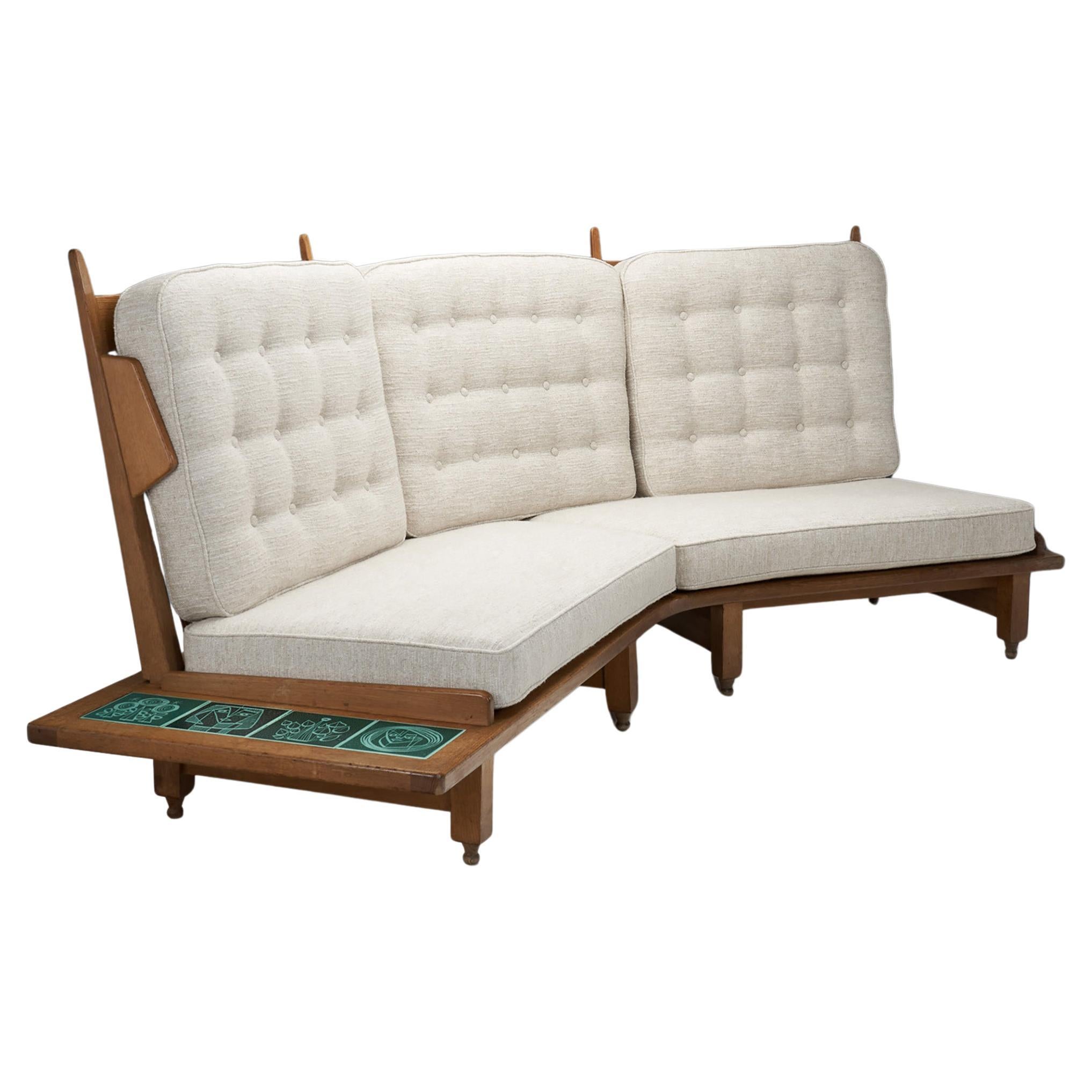 Guillerme et Chambron Sofa with Tiled Side Table, France ca 1960s For Sale