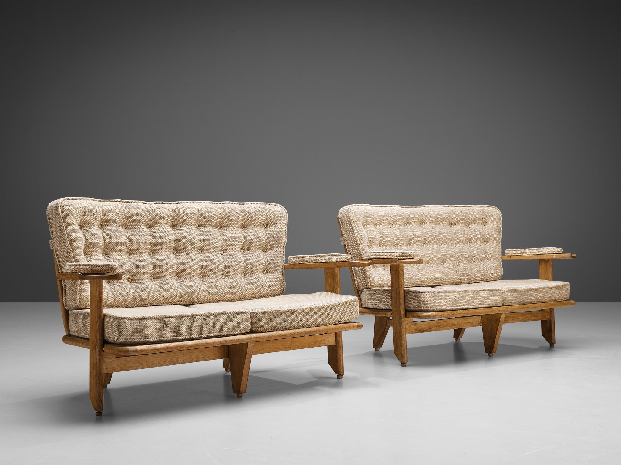 Mid-Century Modern Guillerme & Chambron Sofas in Oak and Off-White Upholstery 
