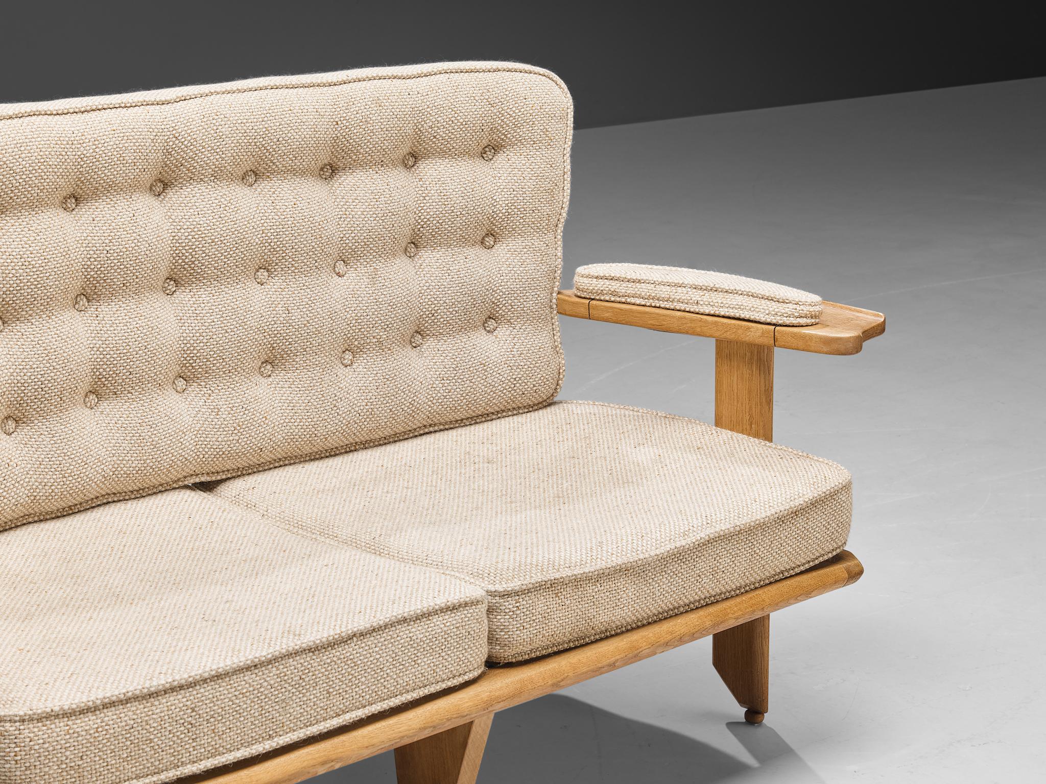 Mid-20th Century Guillerme & Chambron Sofas in Oak and Off-White Upholstery 