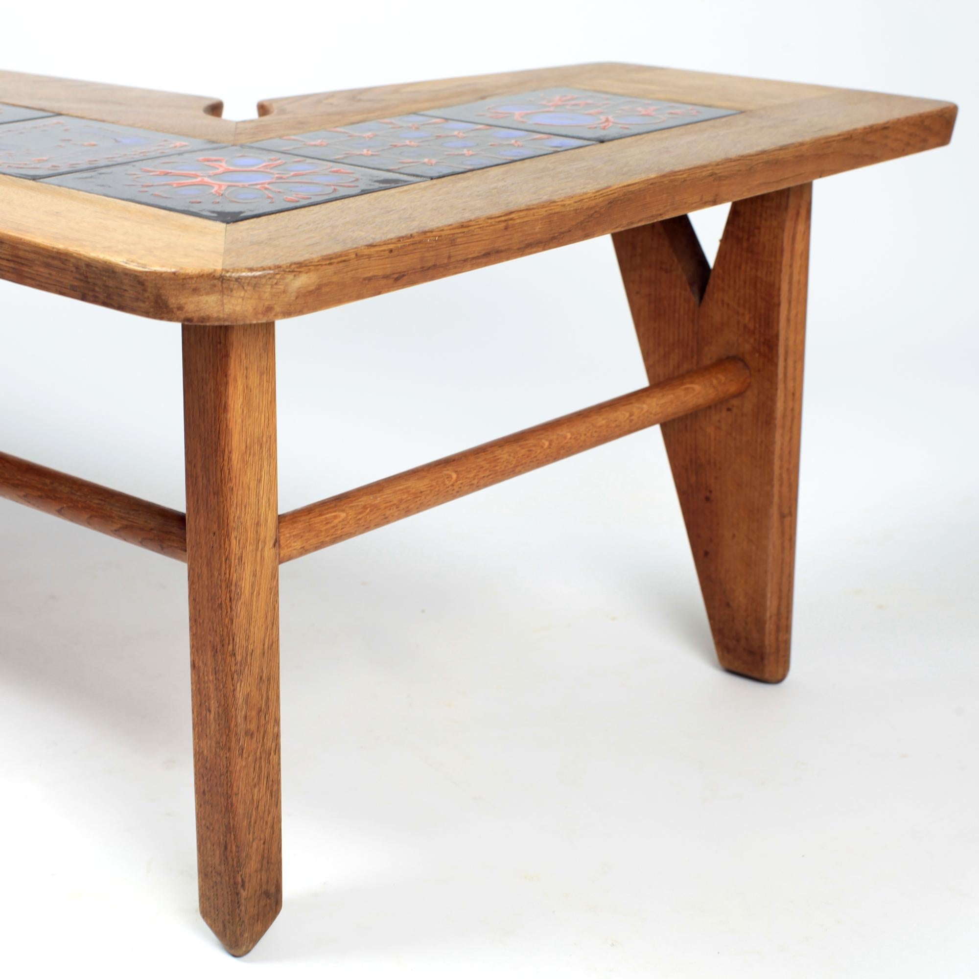 Guillerme et Chambron Solid Oak and Ceramics Coffee Table France circa 1965 For Sale 4