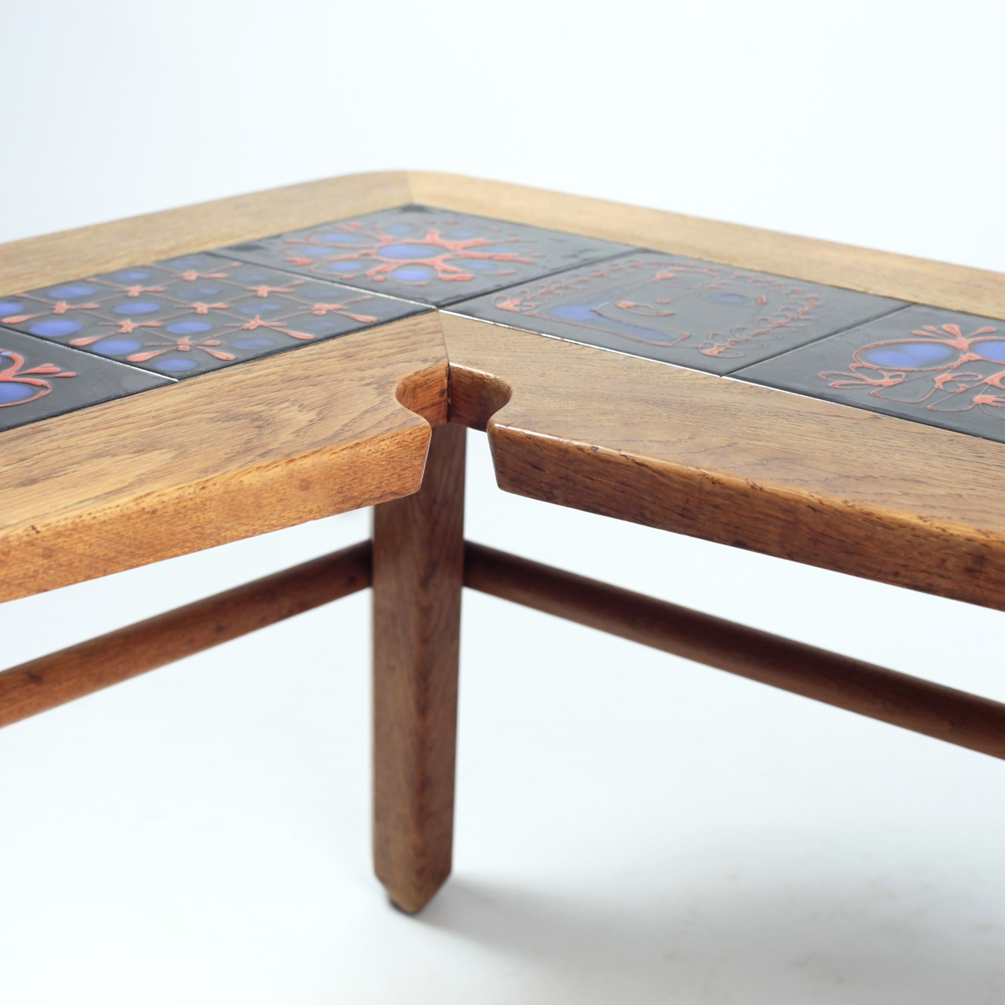 Guillerme et Chambron Solid Oak and Ceramics Coffee Table France circa 1965 For Sale 5