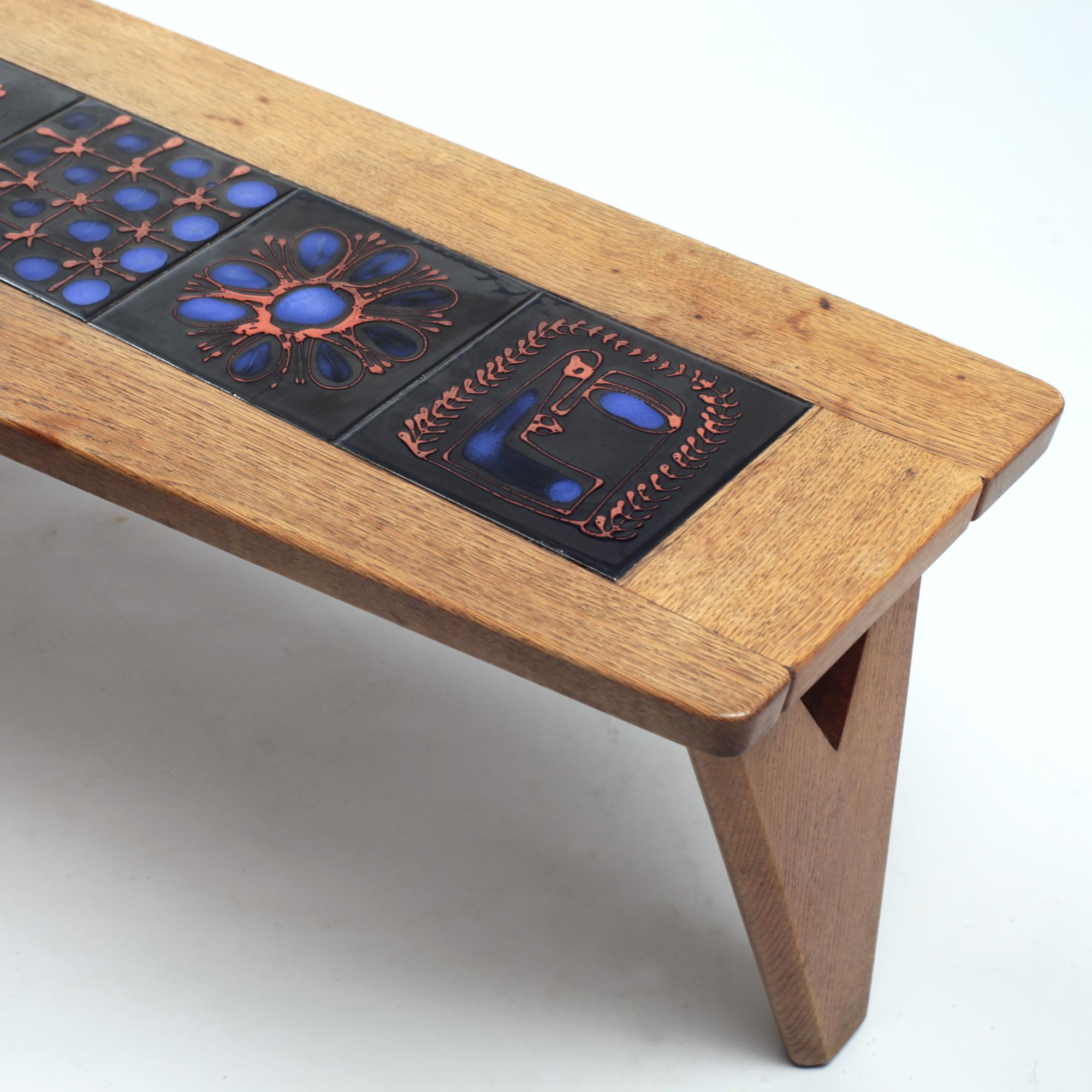 Guillerme et Chambron Solid Oak and Ceramics Coffee Table France circa 1965 For Sale 7