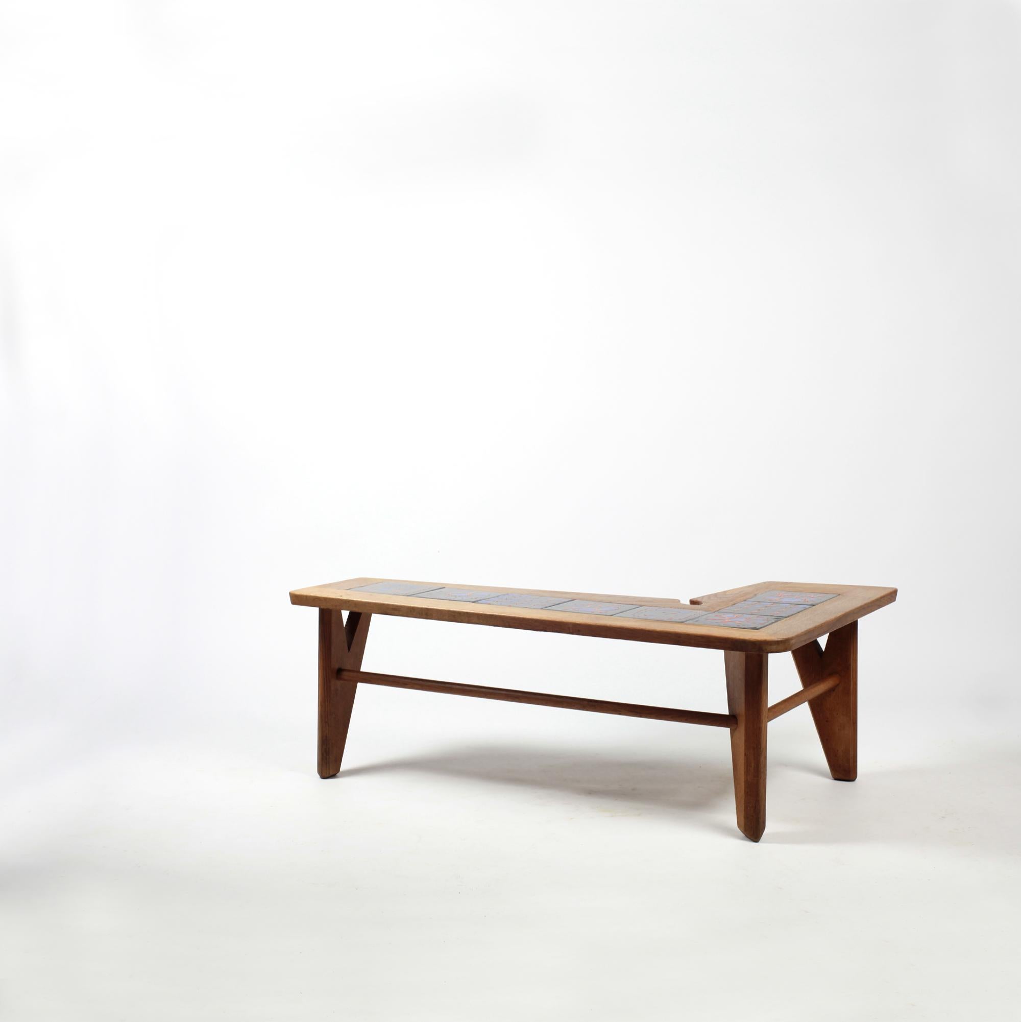 Guillerme et Chambron Solid Oak and Ceramics Coffee Table France circa 1965 For Sale 9