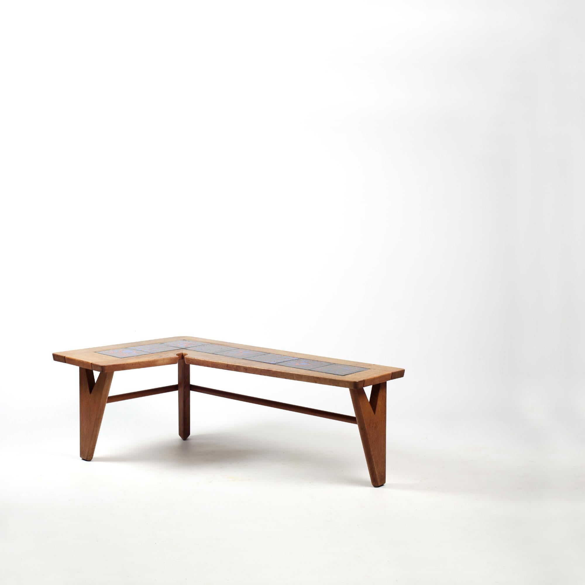 Guillerme et Chambron Solid Oak and Ceramics Coffee Table France circa 1965 For Sale 10
