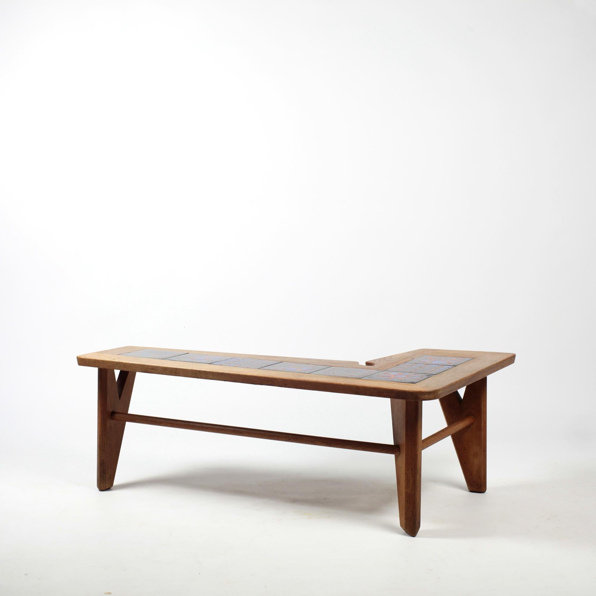 Mid-Century Modern Guillerme et Chambron Solid Oak and Ceramics Coffee Table France circa 1965 For Sale