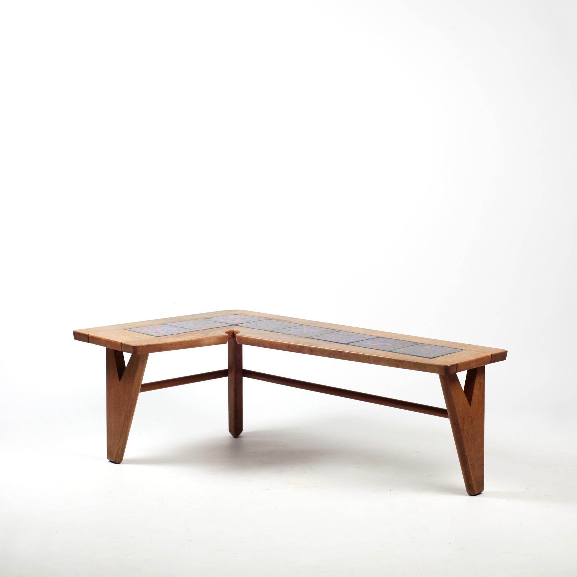 Guillerme et Chambron Solid Oak and Ceramics Coffee Table France circa 1965 In Good Condition For Sale In Saint  Ouen, FR