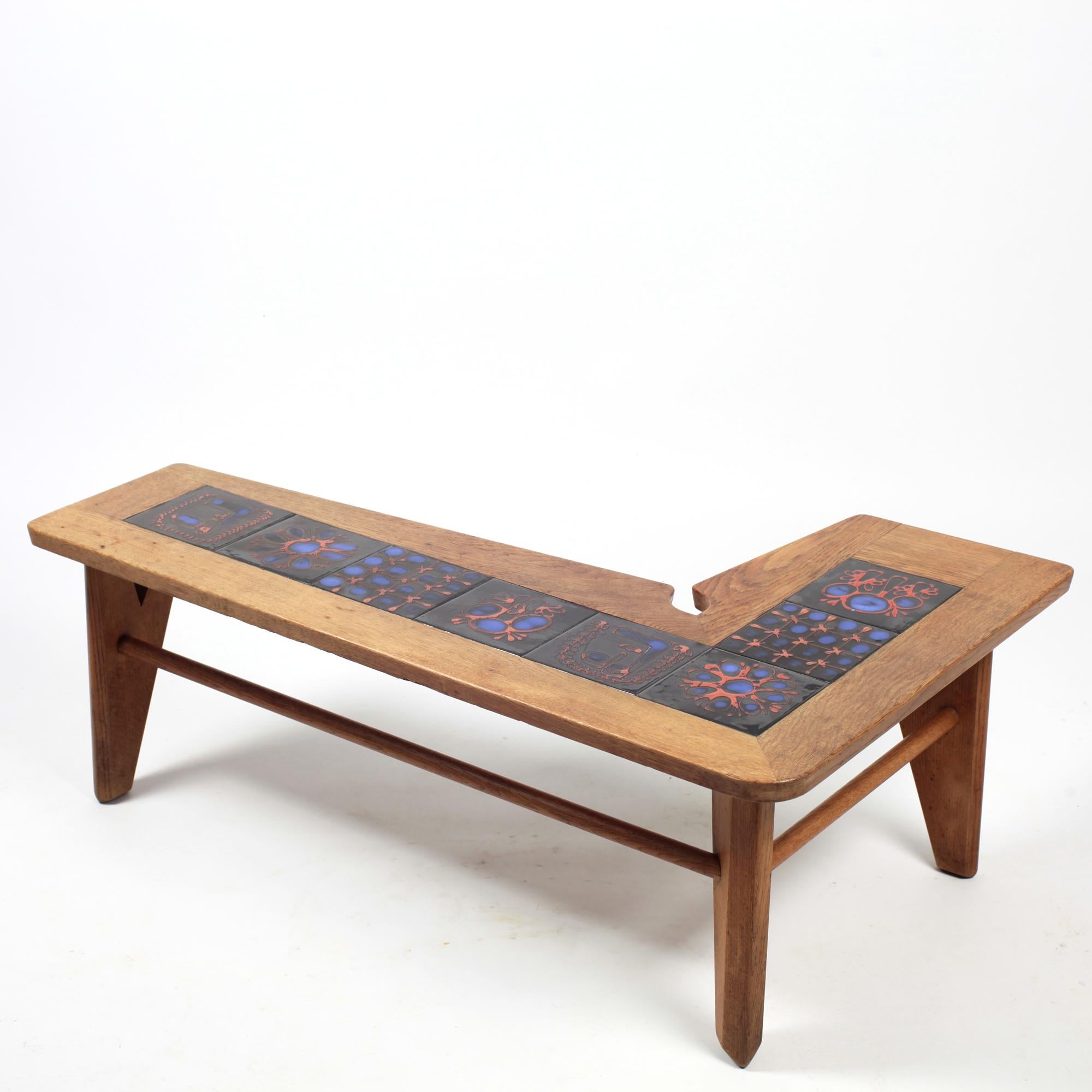 Mid-20th Century Guillerme et Chambron Solid Oak and Ceramics Coffee Table France circa 1965 For Sale