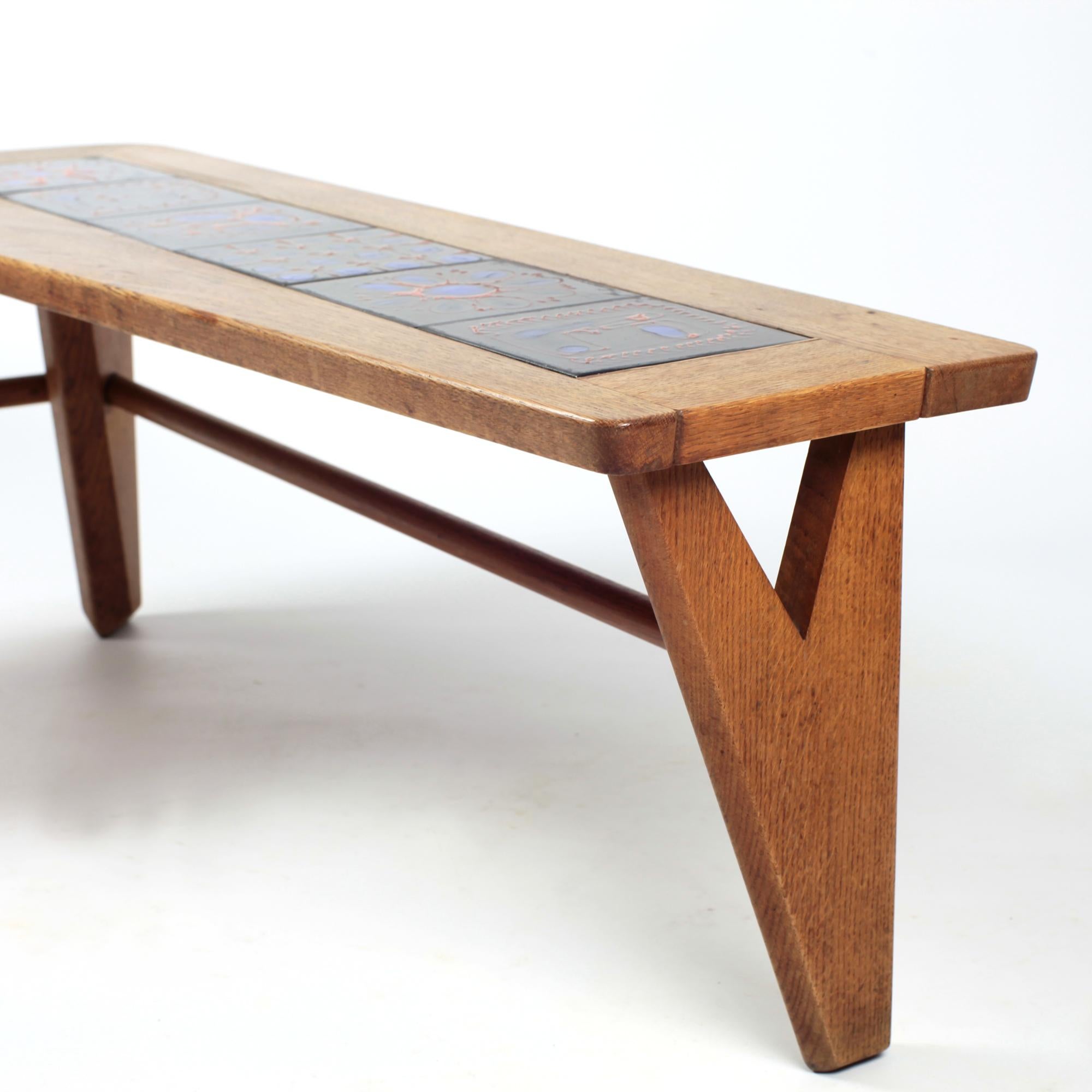 Guillerme et Chambron Solid Oak and Ceramics Coffee Table France circa 1965 For Sale 1