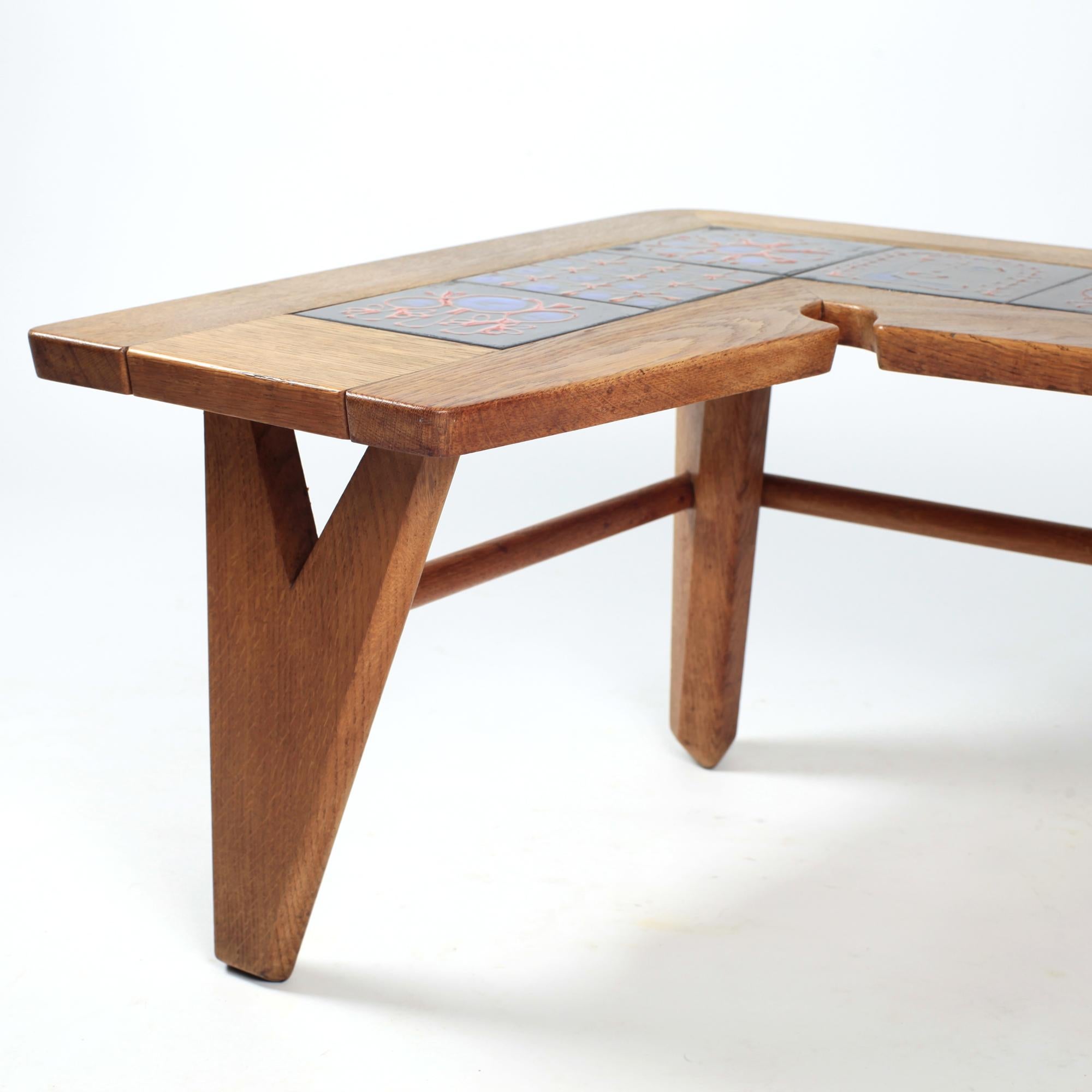 Guillerme et Chambron Solid Oak and Ceramics Coffee Table France circa 1965 For Sale 2