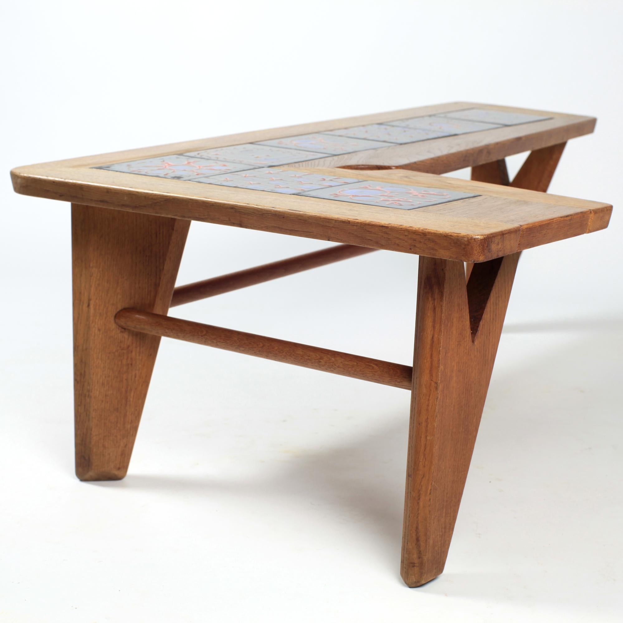 Guillerme et Chambron Solid Oak and Ceramics Coffee Table France circa 1965 For Sale 3