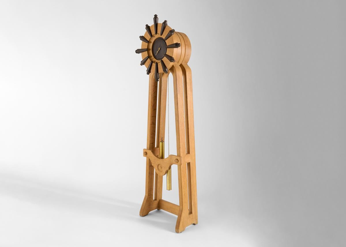 French Guillerme et Chambron, Tall Oak Clock, France, Mid-20th Century For Sale
