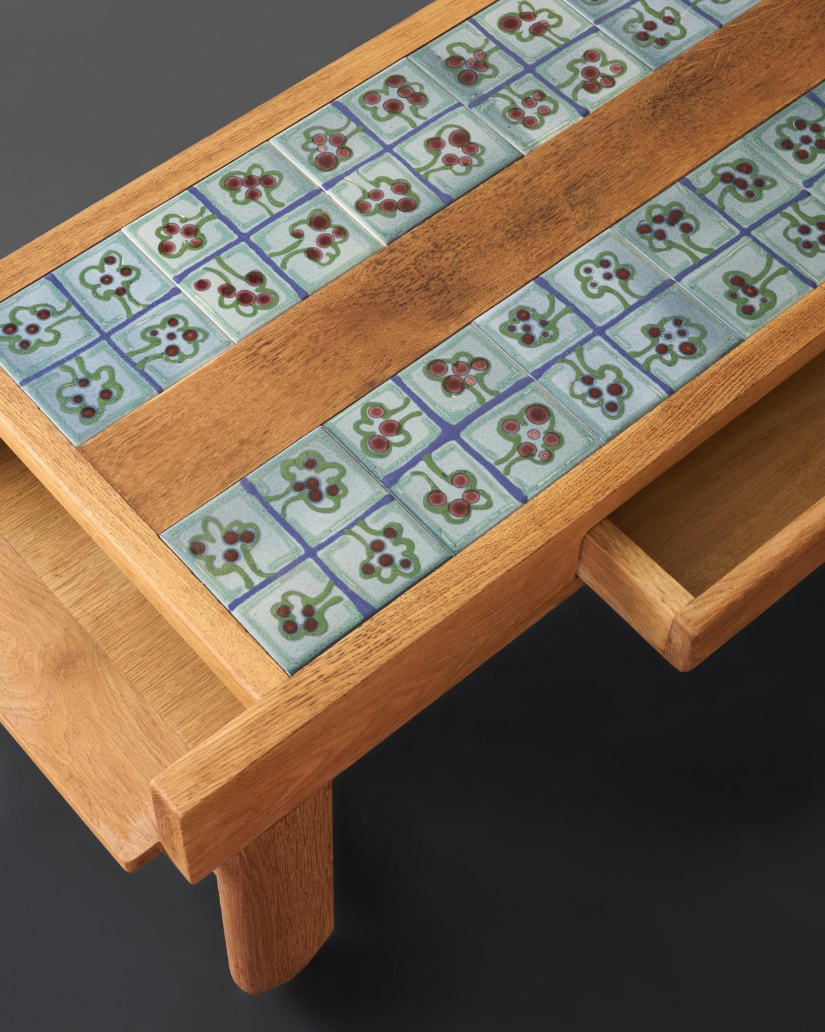 Mid-Century Modern Guillerme et Chambron Tiled Coffee Table With Drawer Edition Votre Maison c.1960 For Sale