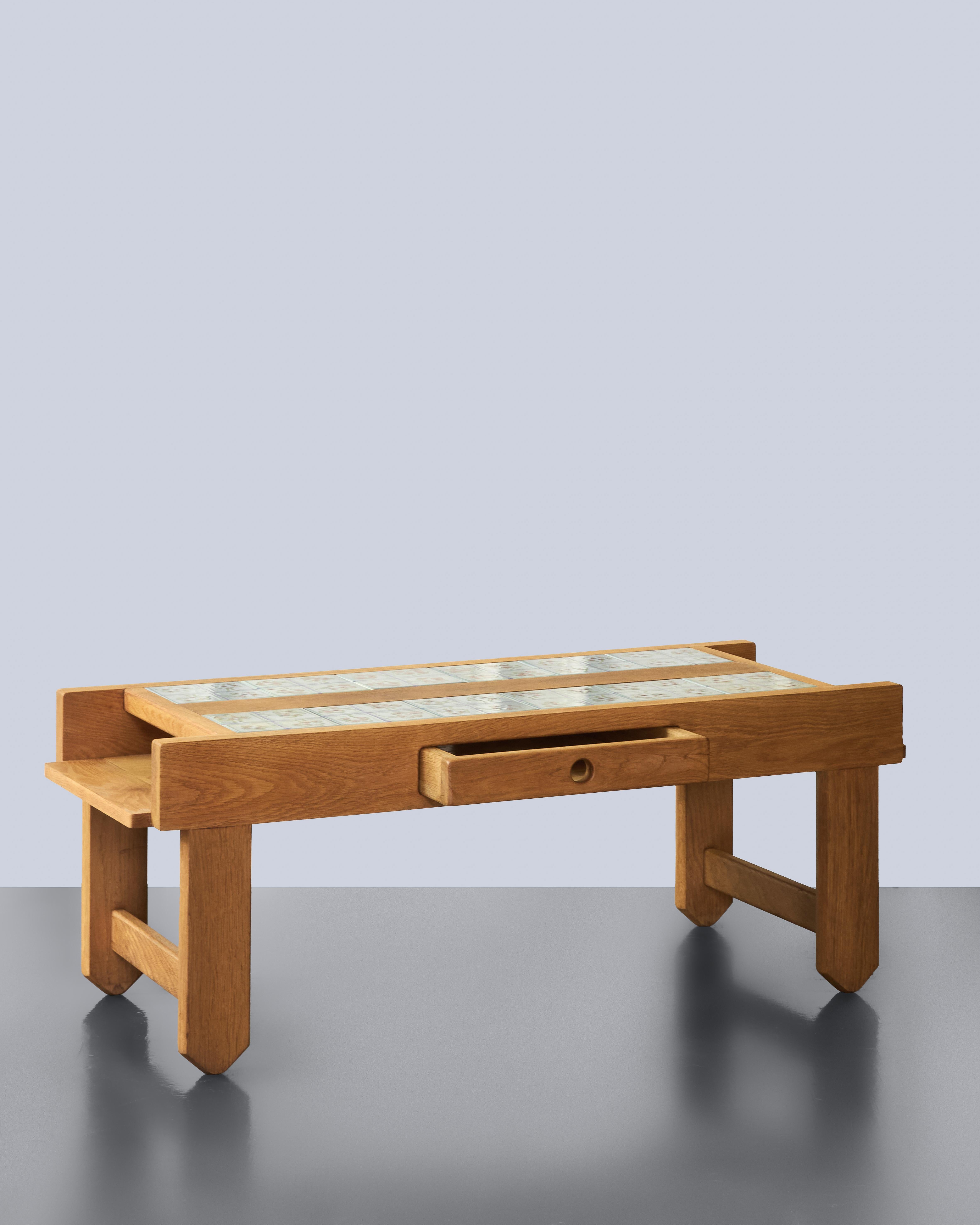 French Guillerme et Chambron Tiled Coffee Table With Drawer Edition Votre Maison c.1960 For Sale