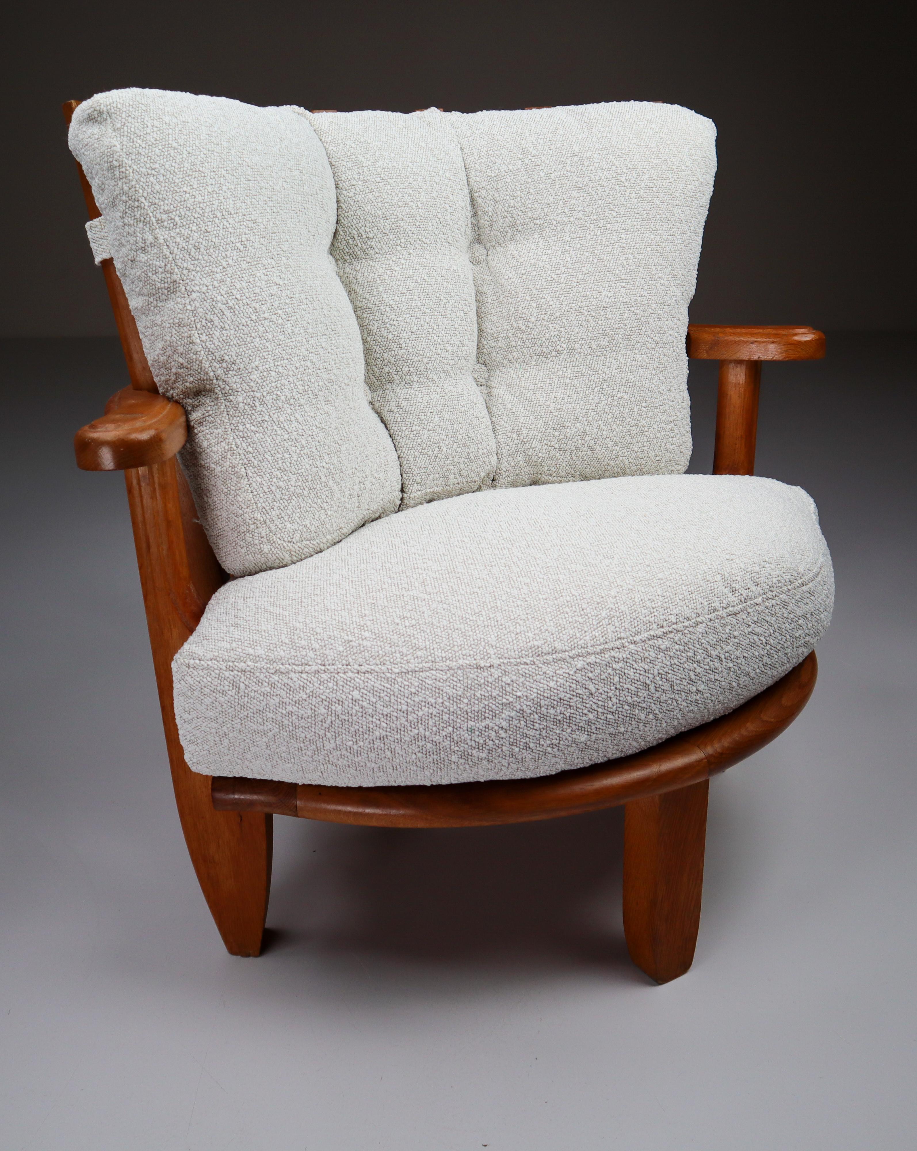 20th Century Guillerme et Chambron 'Tricoteuse' Chairs in Oak and Bouclé Fabric, France, 1950