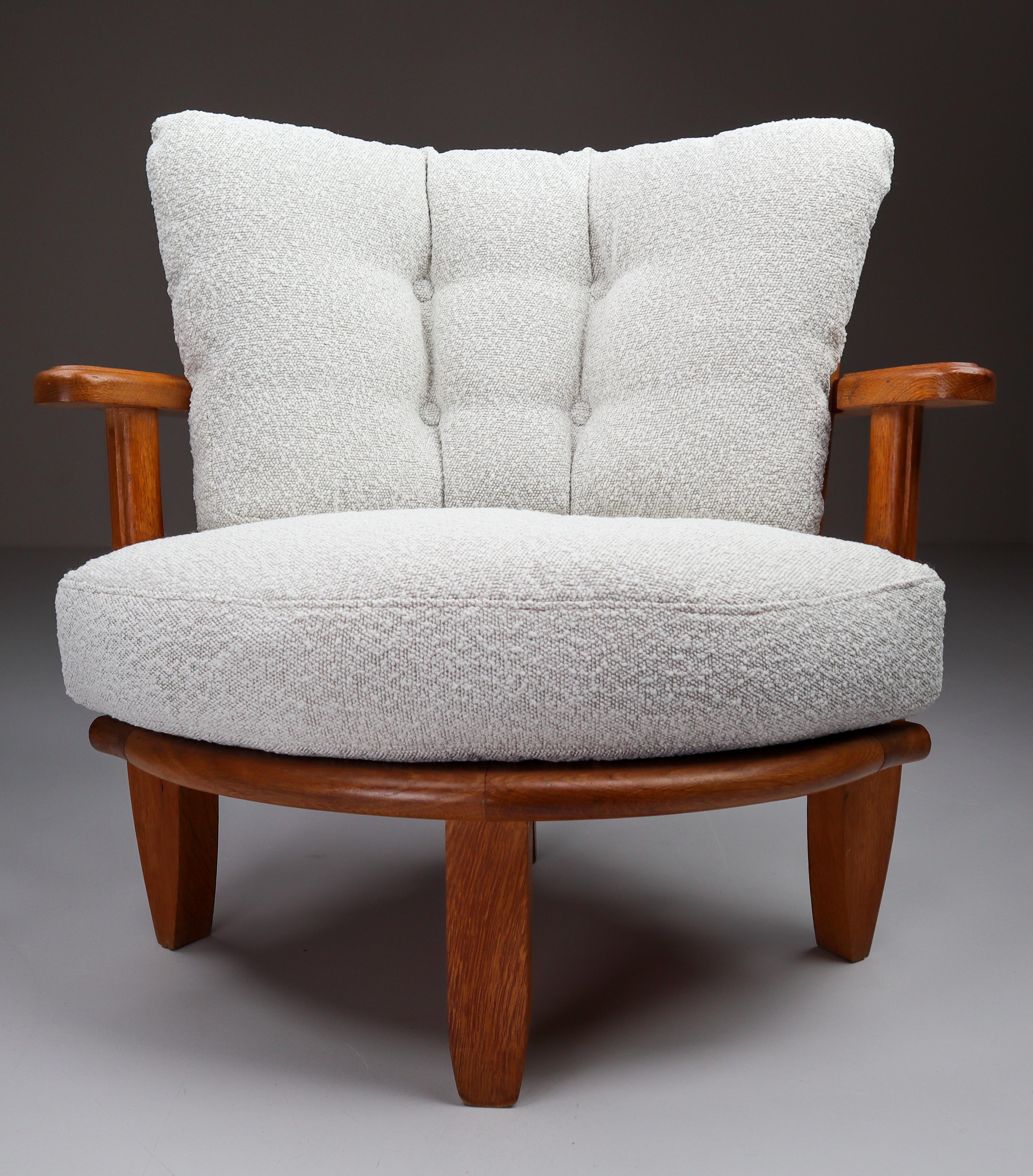 Guillerme et Chambron 'Tricoteuse' Chairs in Oak and Bouclé Fabric, France, 1950 1