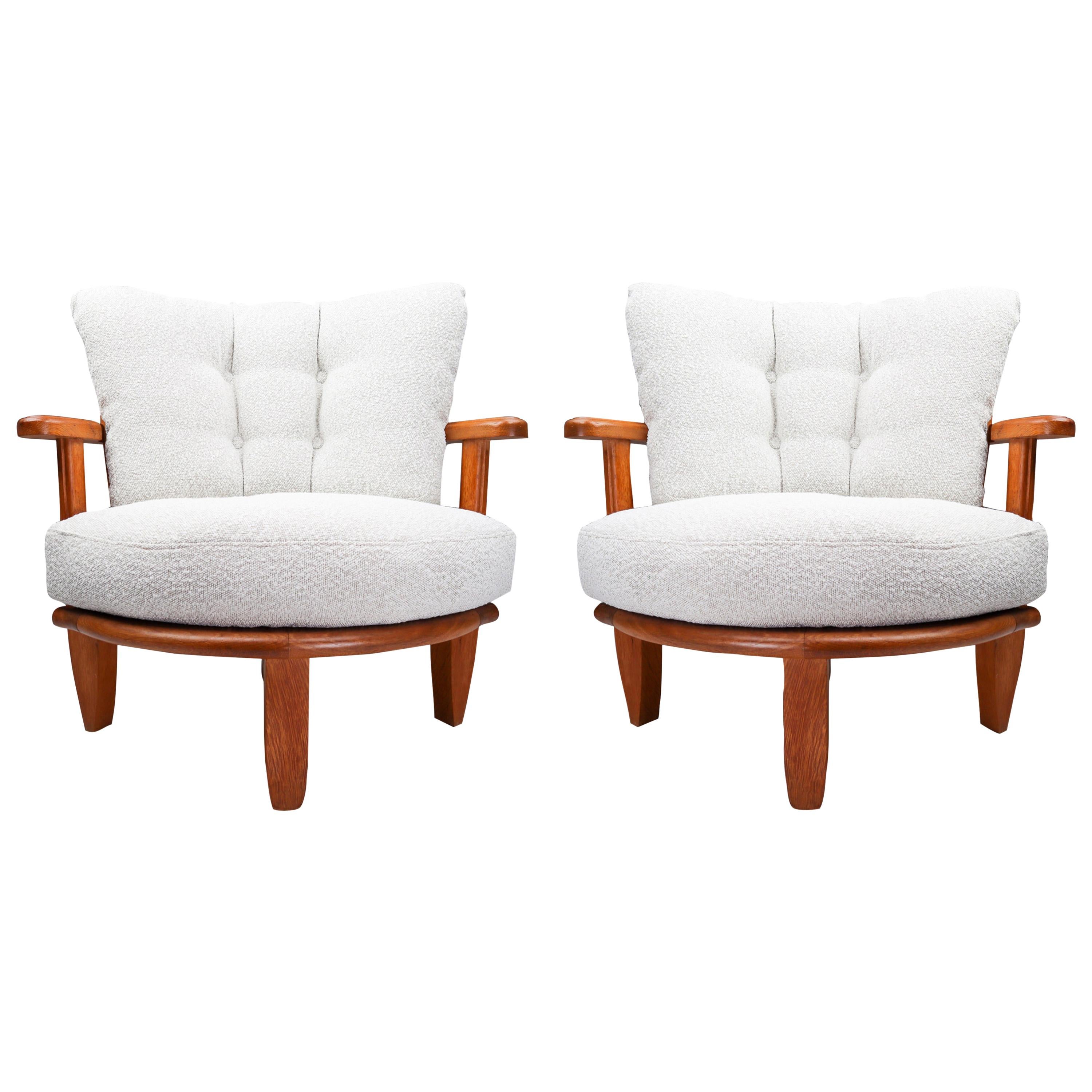 Guillerme et Chambron 'Tricoteuse' Chairs in Oak and Bouclé Fabric, France, 1950