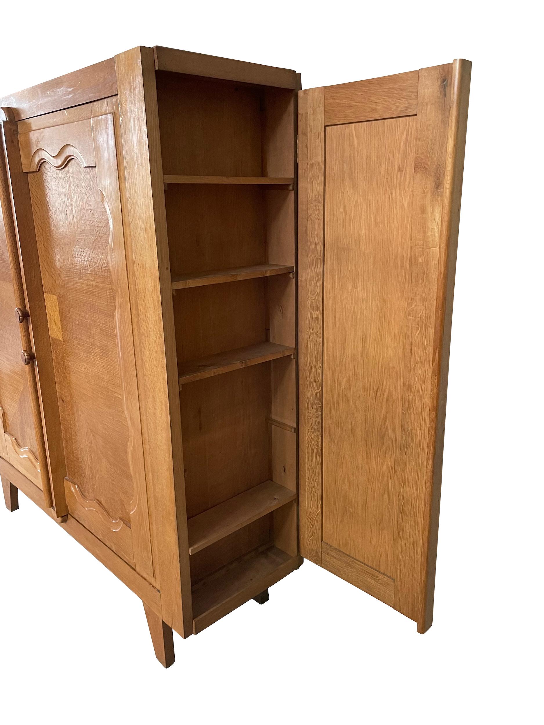 French Guillerme Et Chambron Two Door Oak Cabinet, France, 1960s For Sale