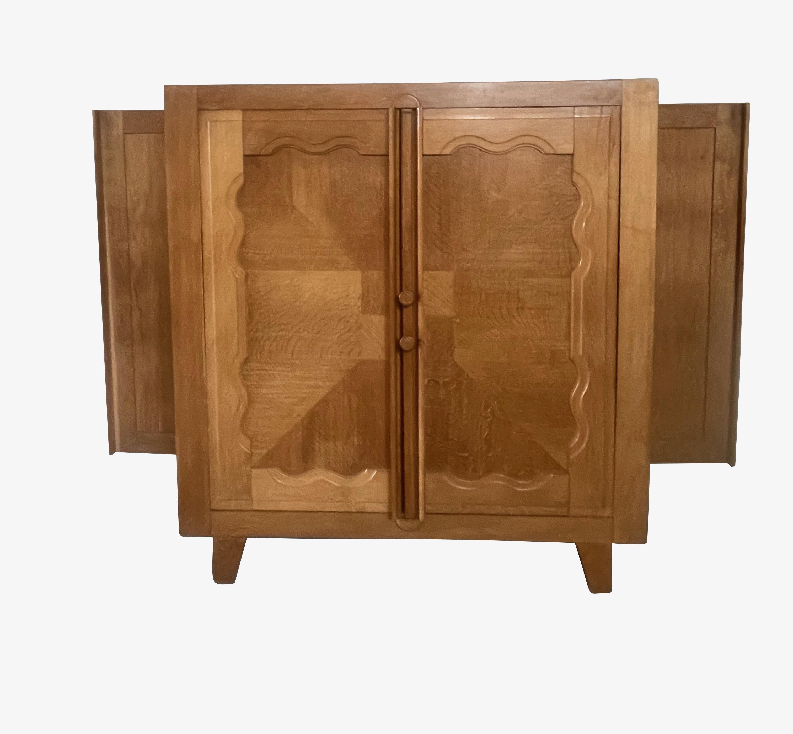 Guillerme Et Chambron Two Door Oak Cabinet, France, 1960s In Good Condition For Sale In New York, NY
