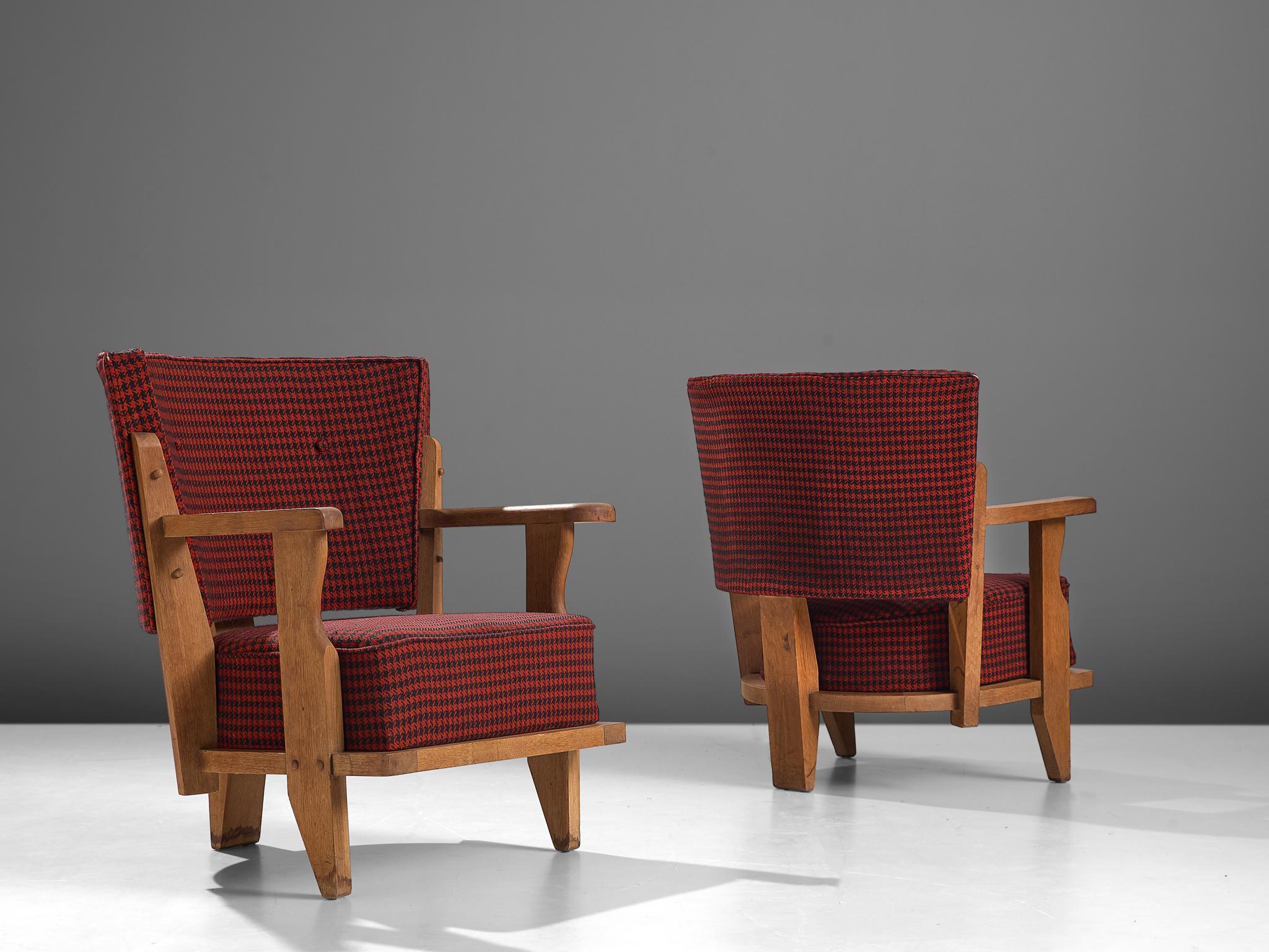 Mid-Century Modern Guillerme et Chambron Two Lounge Chairs in Red and Black Checkered Fabric