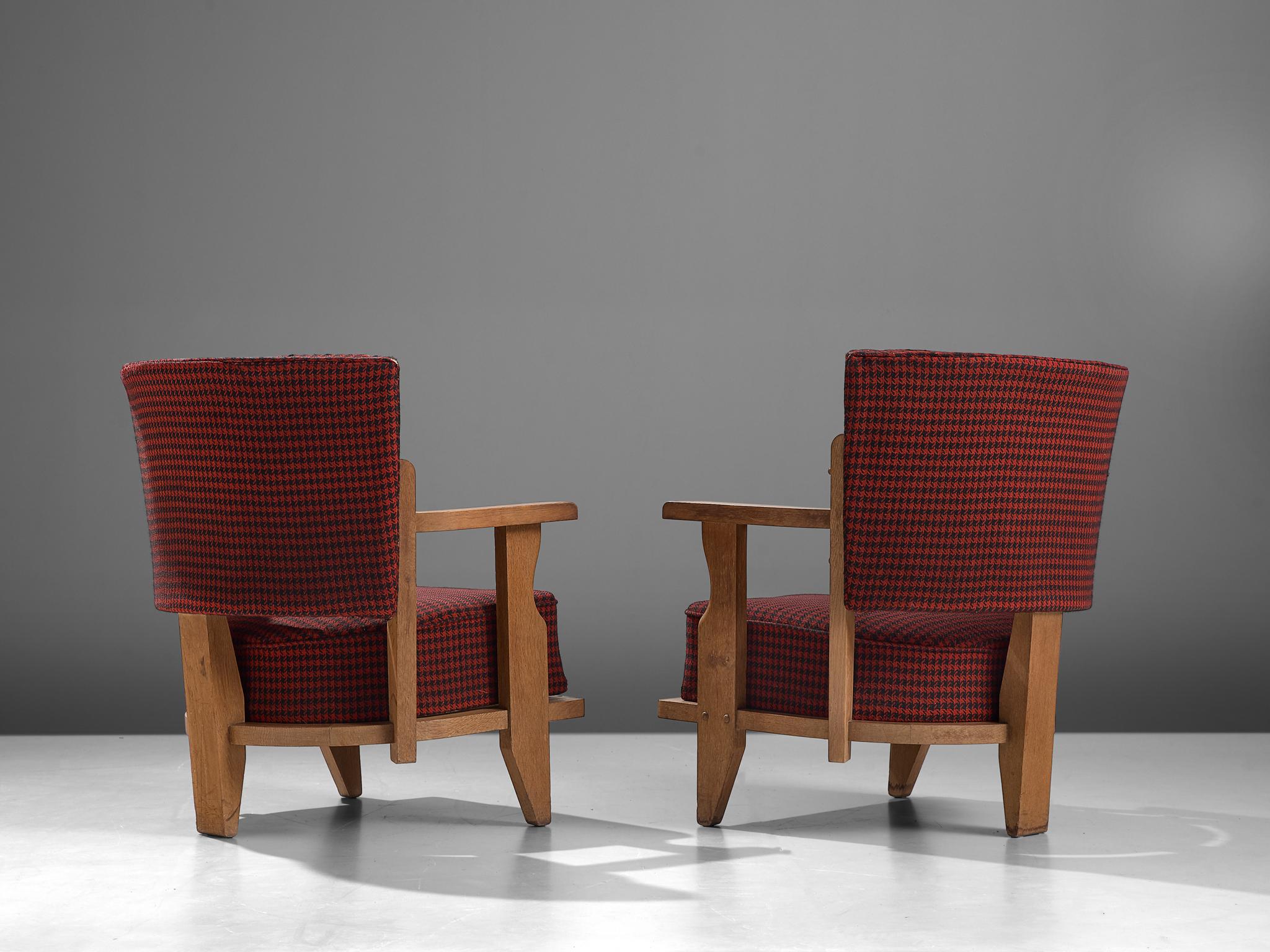 French Guillerme et Chambron Two Lounge Chairs in Red and Black Checkered Fabric