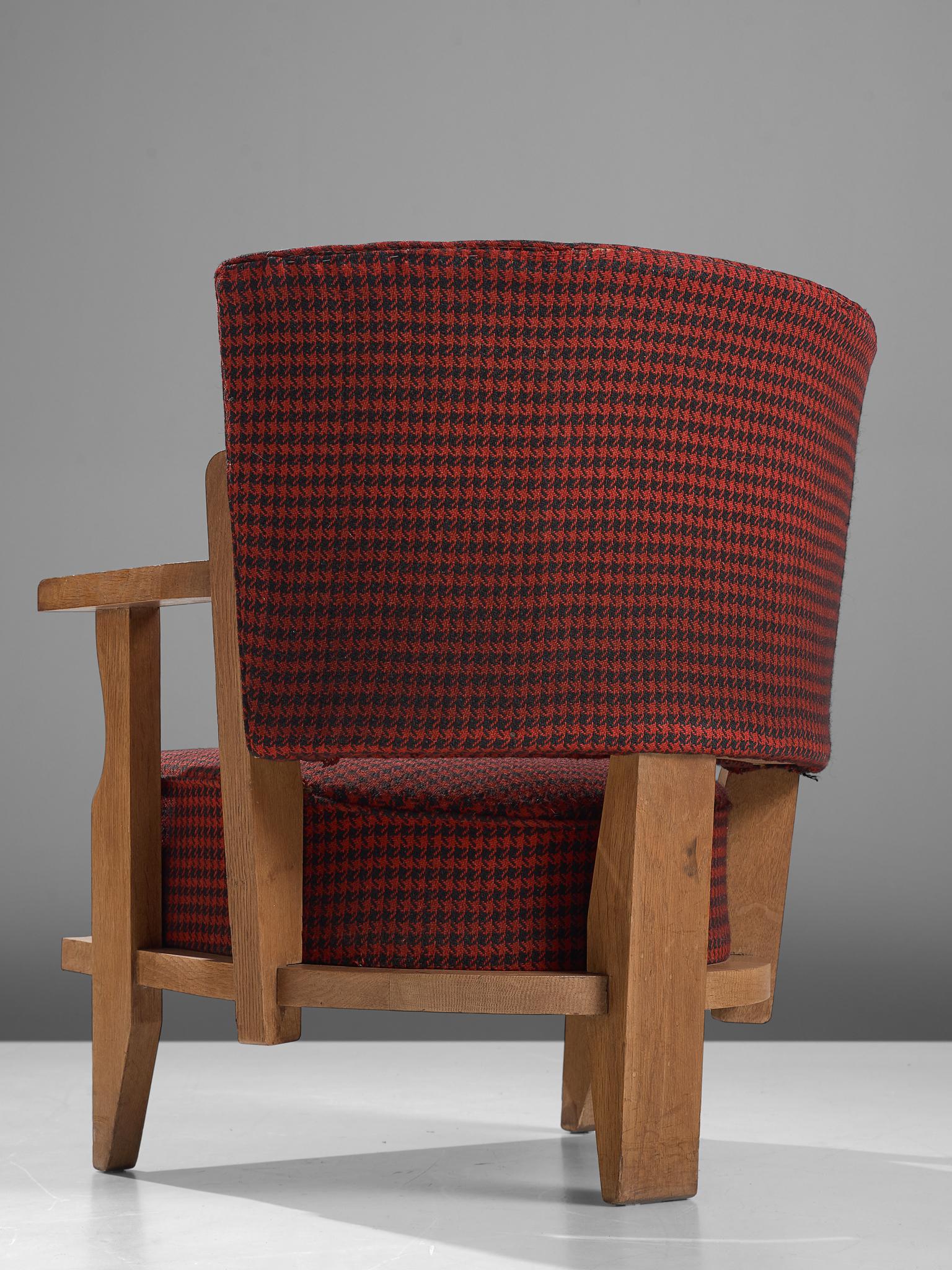 Mid-20th Century Guillerme et Chambron Two Lounge Chairs in Red and Black Checkered Fabric