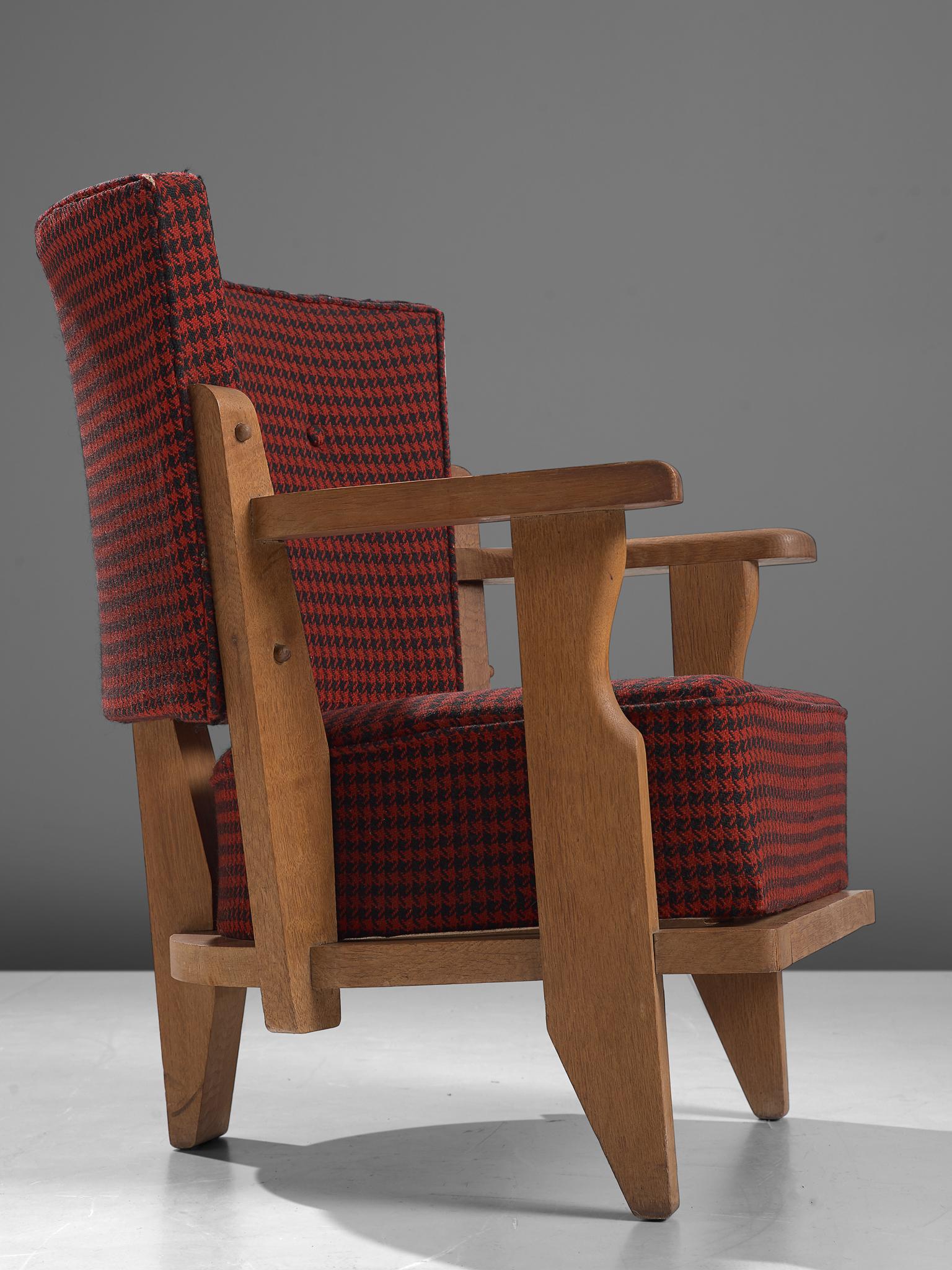 Guillerme et Chambron Two Lounge Chairs in Red and Black Checkered Fabric 2