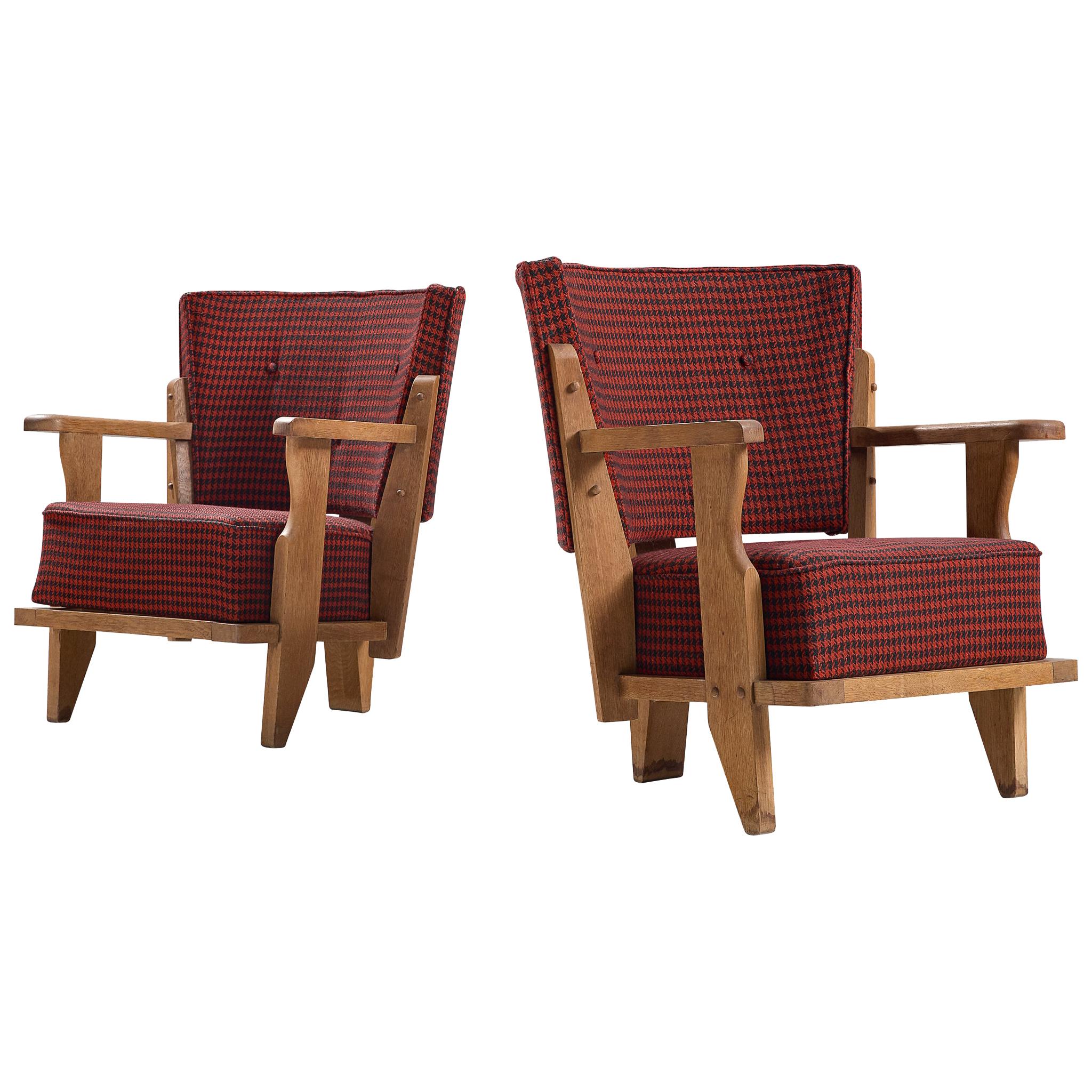 Guillerme et Chambron Two Lounge Chairs in Red and Black Checkered Fabric