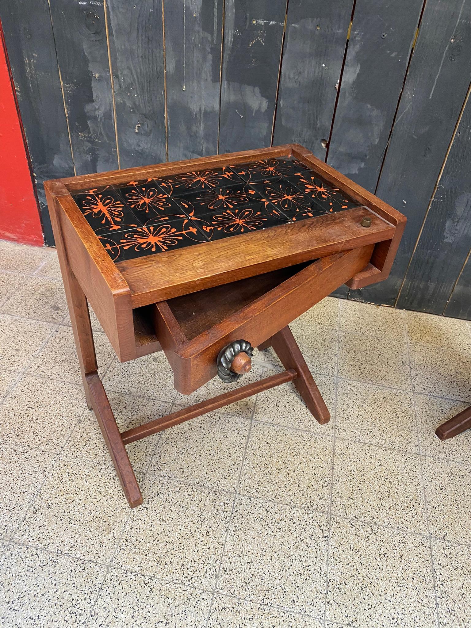 Guillerme et Chambron, Two Oak and Ceramic Nightstand circa 1970 For Sale 3