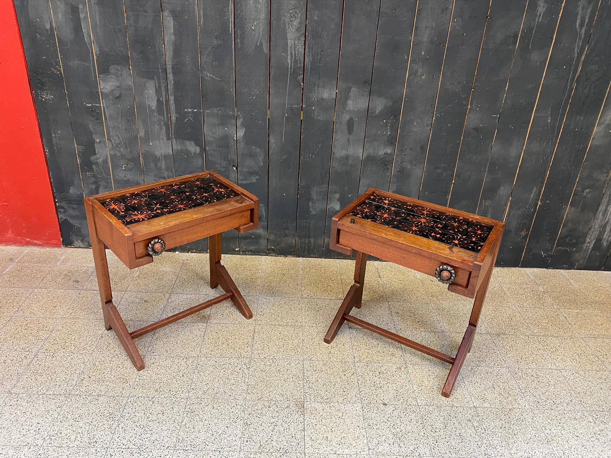 Guillerme et Chambron, Two Oak and Ceramic Nightstand circa 1970 For Sale 5