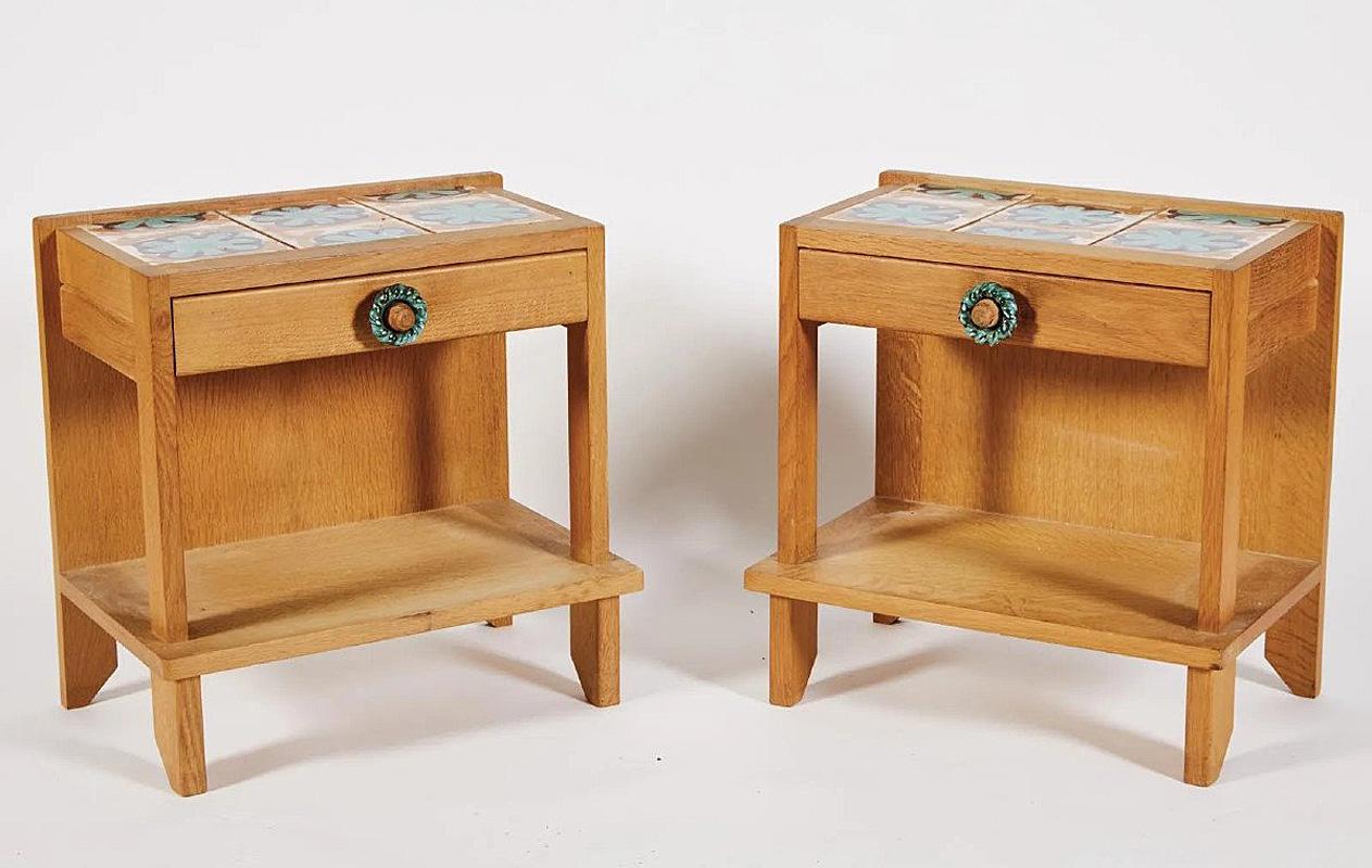 Mid-Century Modern Guillerme et Chambron, Two Oak and Ceramic Nightstand, circa 1970 