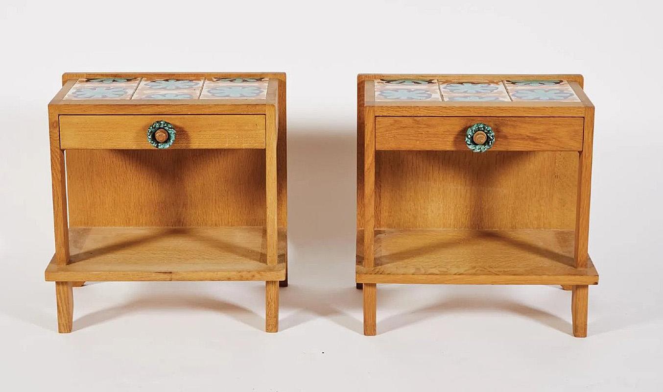 Other Guillerme et Chambron, Two Oak and Ceramic Nightstand, circa 1970 