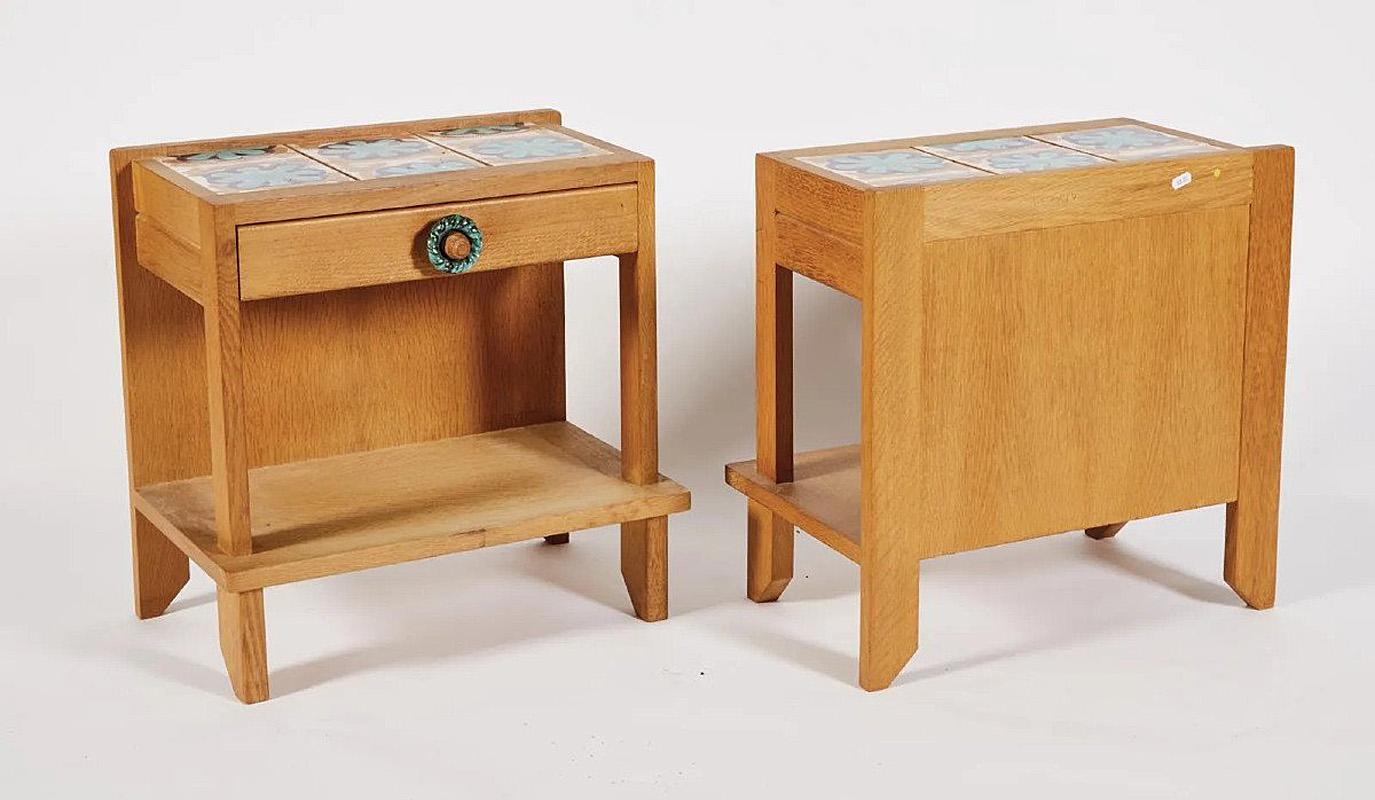Guillerme et Chambron, Two Oak and Ceramic Nightstand, circa 1970  In Good Condition In Saint-Ouen, FR