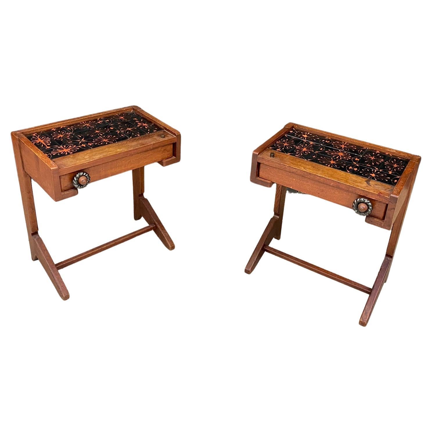 Guillerme et Chambron, Two Oak and Ceramic Nightstand circa 1970 For Sale