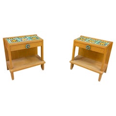 Guillerme et Chambron, Two Oak and Ceramic Nightstand, circa 1970