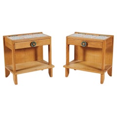 Vintage Guillerme et Chambron, Two Oak and Ceramic Nightstand, circa 1970 