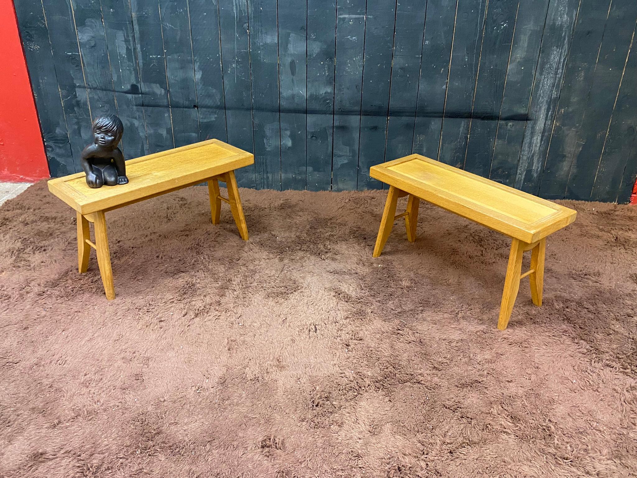 Mid-Century Modern Guillerme et Chambron, Two Rare Oak Side Table, circa 1970 For Sale