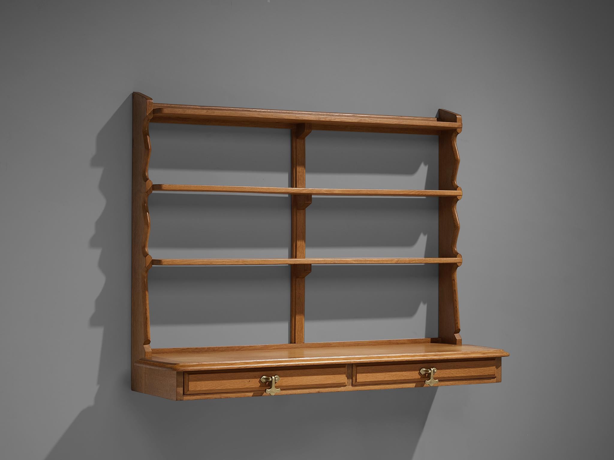 French Guillerme & Chambron Wall-Mounted Shelf with Drawers in Oak For Sale