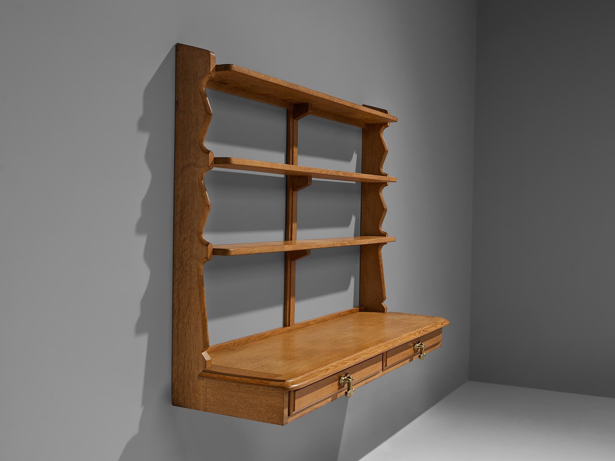 Mid-20th Century Guillerme & Chambron Wall-Mounted Shelf with Drawers in Oak For Sale