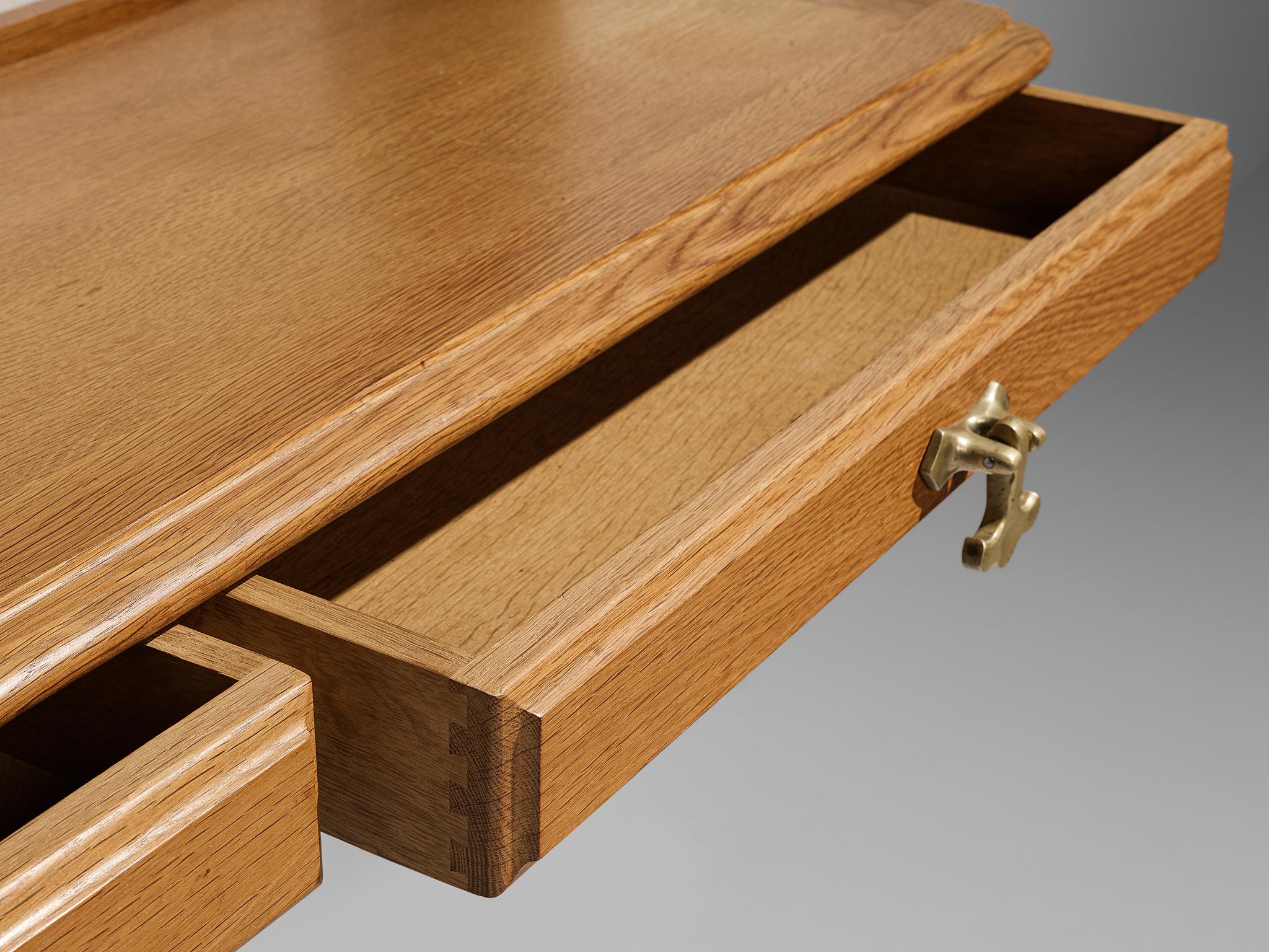 Brass Guillerme & Chambron Wall-Mounted Shelf with Drawers in Oak For Sale